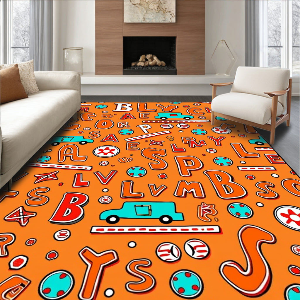 Whimsical Orange Alphabet Cars Theme Rug