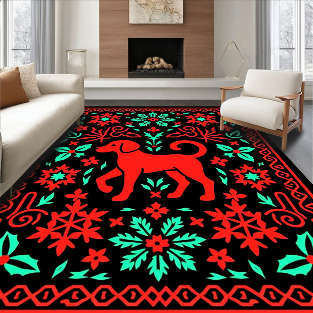 Red And Teal Dog Folk Art Rug