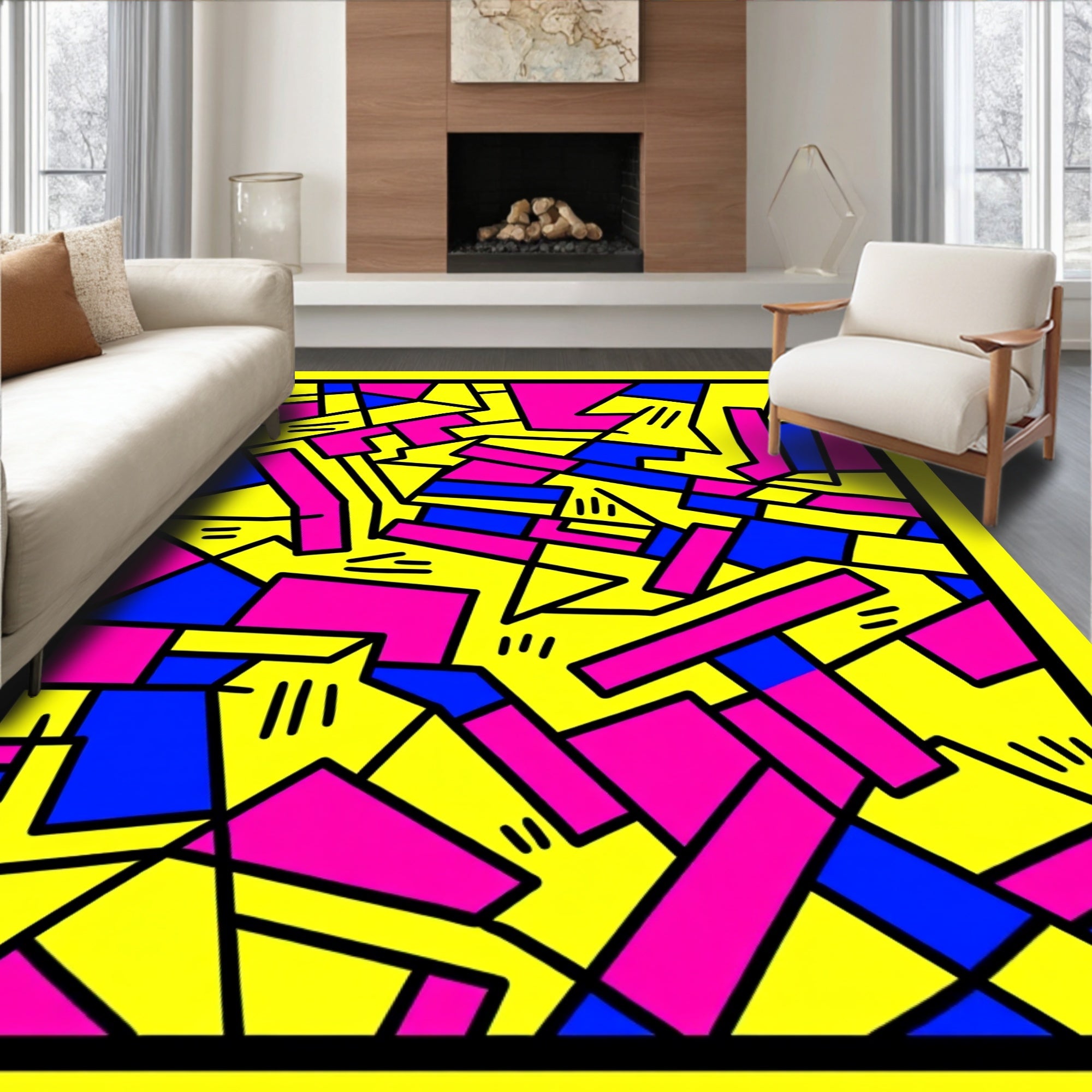 Vibrant Pink Blue Yellow Abstract Geometry Rug