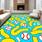 Bold Yellow Swirls with White Red Baseballs Rug