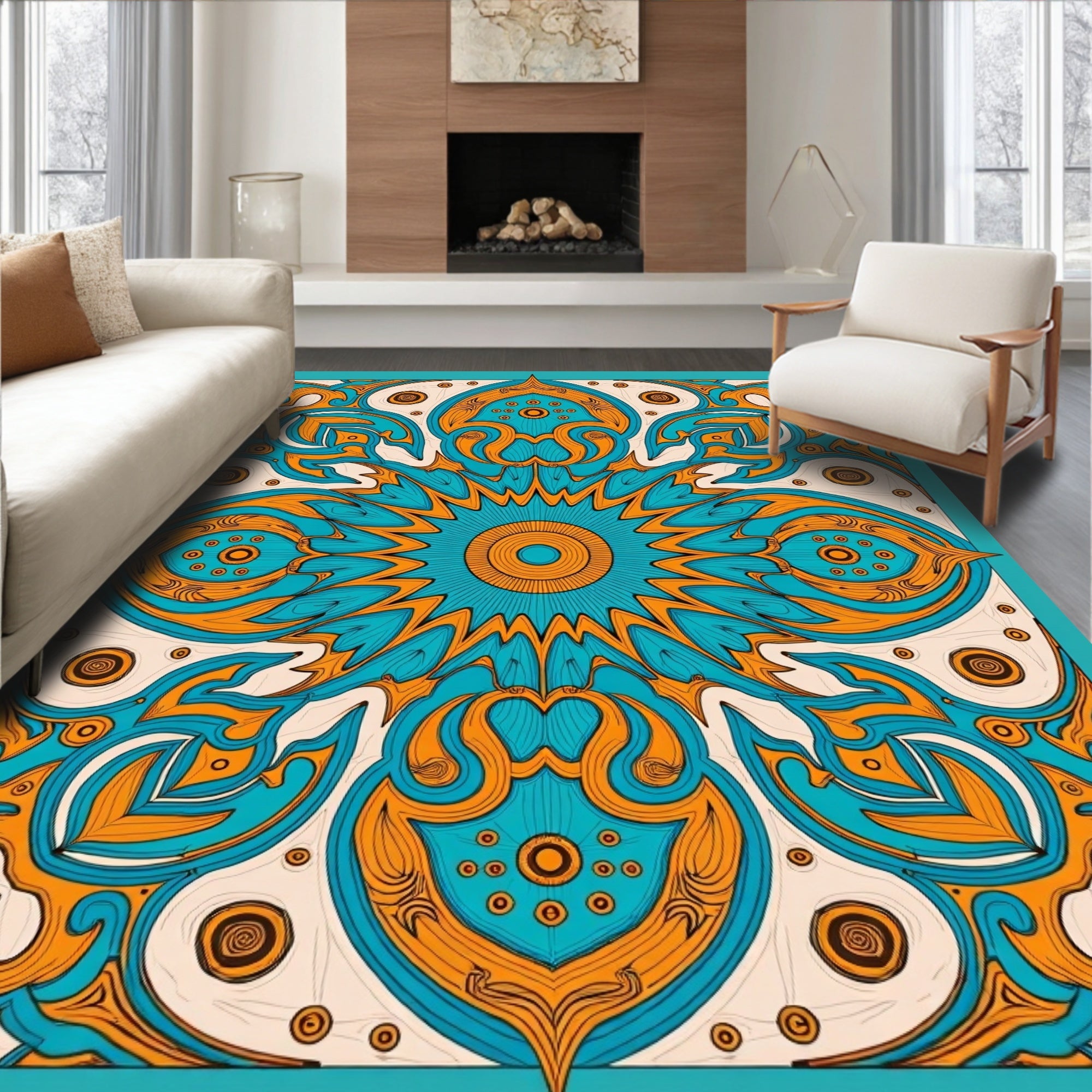 Exotic Teal Orange Medallion Art Rug