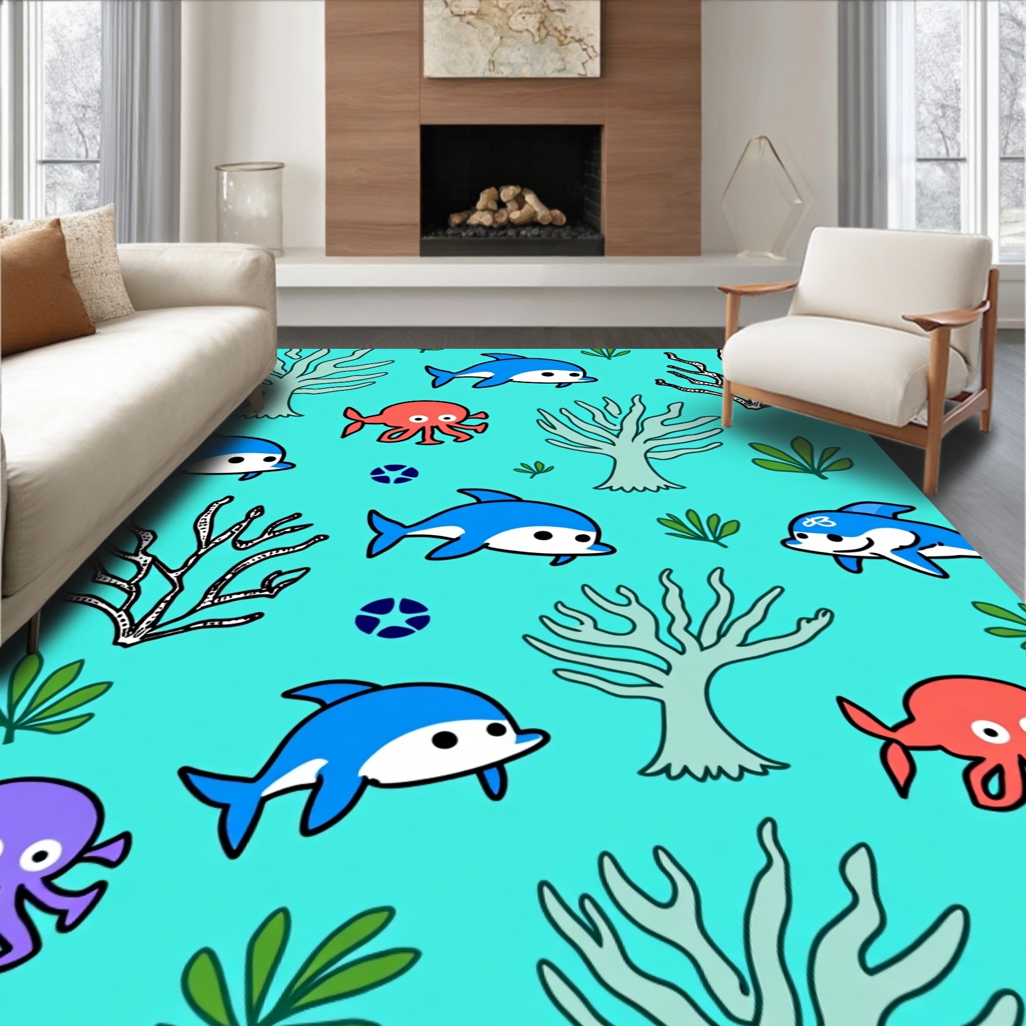 Cute Blue Dolphins Coral Reef Rug