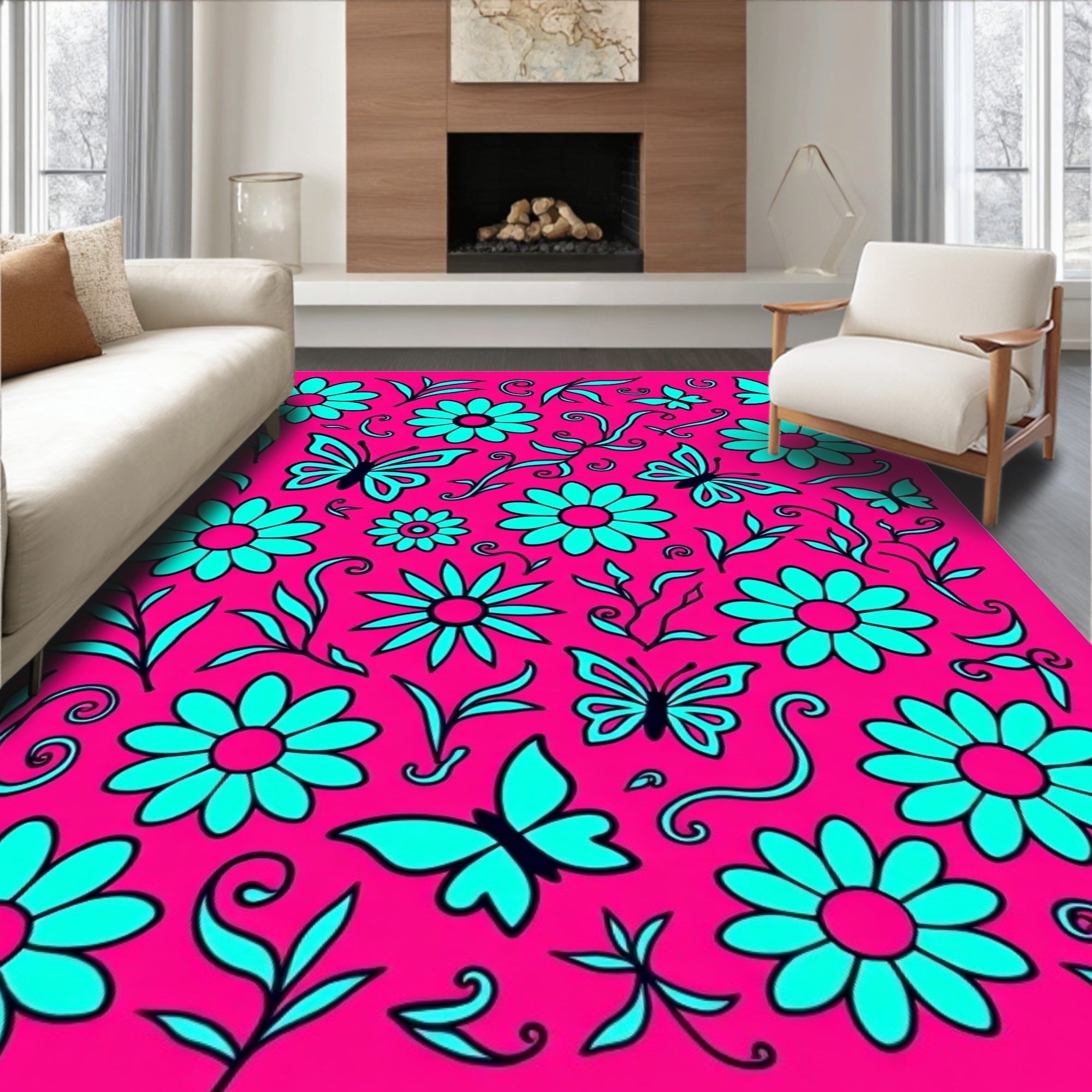 Bright Pink Daisy Butterfly Collage Rug