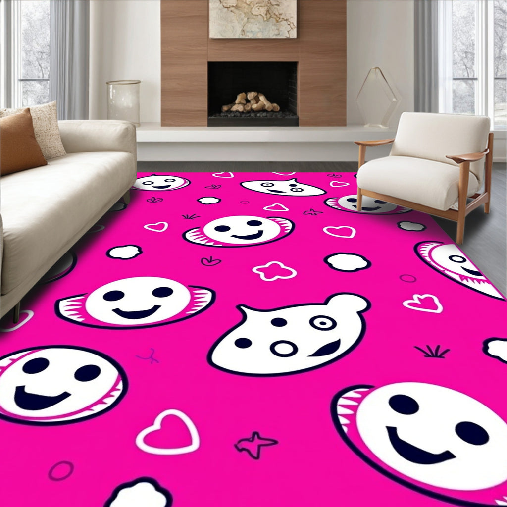 Pink Happy Faces Whimsical Shapes Rug