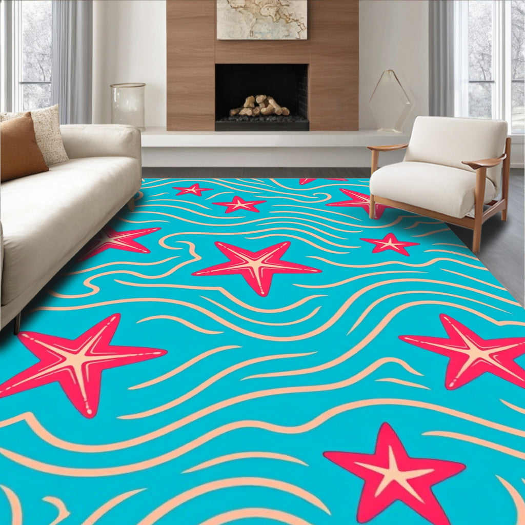 Coastal Starfish Wave Watercolor Rug