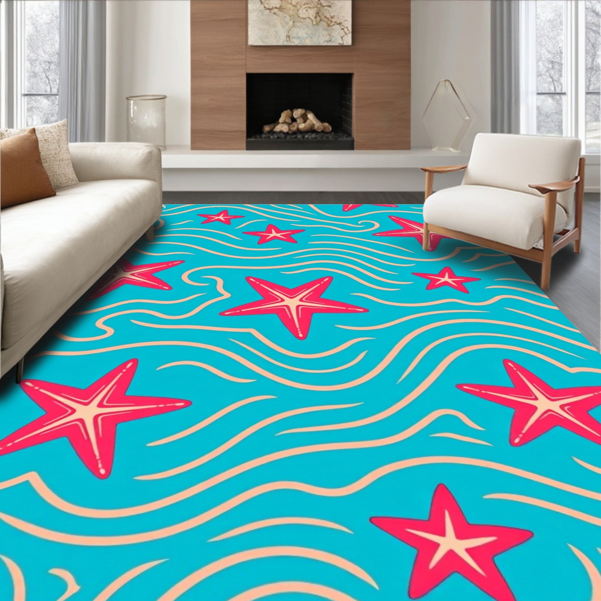 Coastal Starfish Wave Watercolor Rug