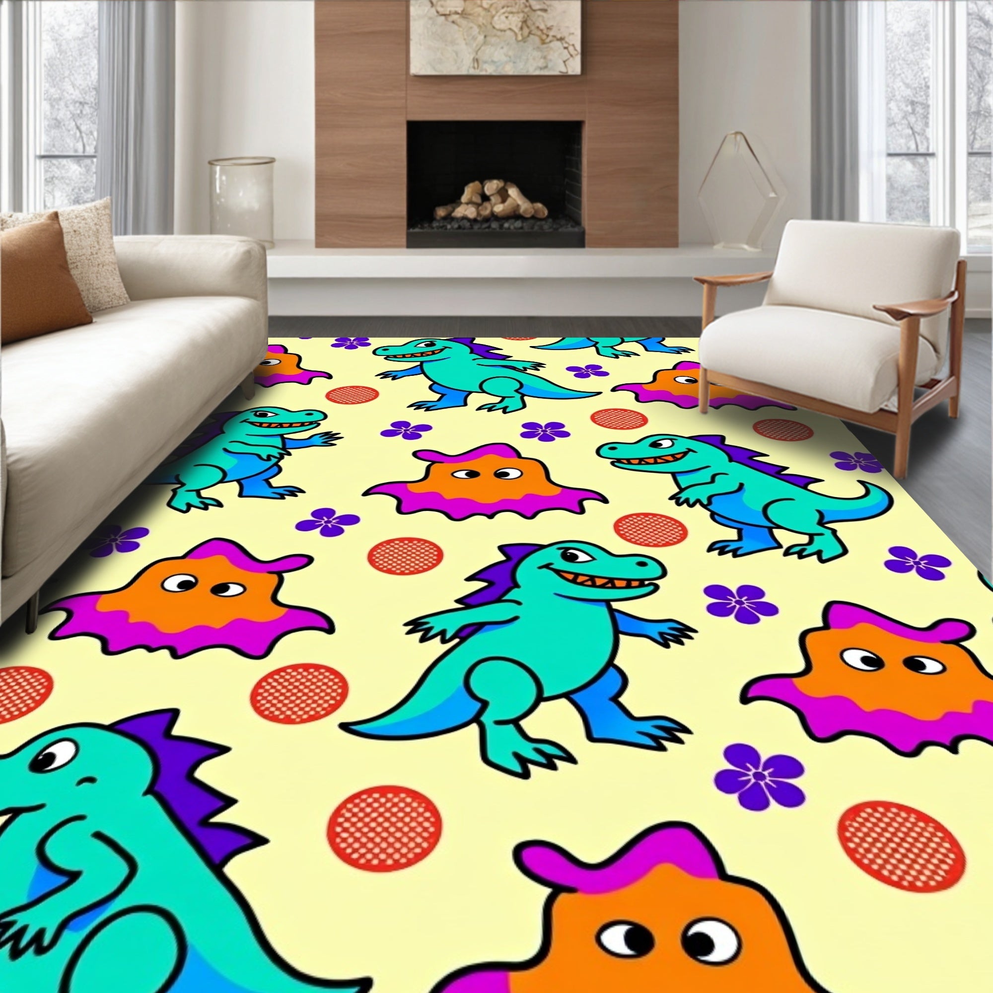 Playful Teal Dinosaurs Purple Flowers Rug
