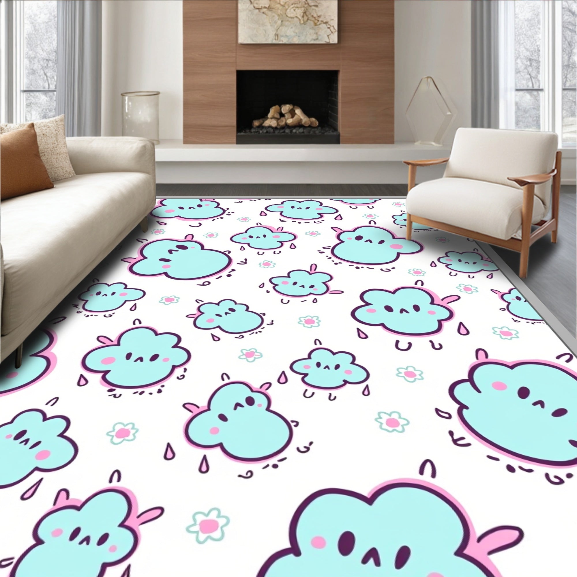 Cute Blue Cloud Raindrop Sprinkle Rug