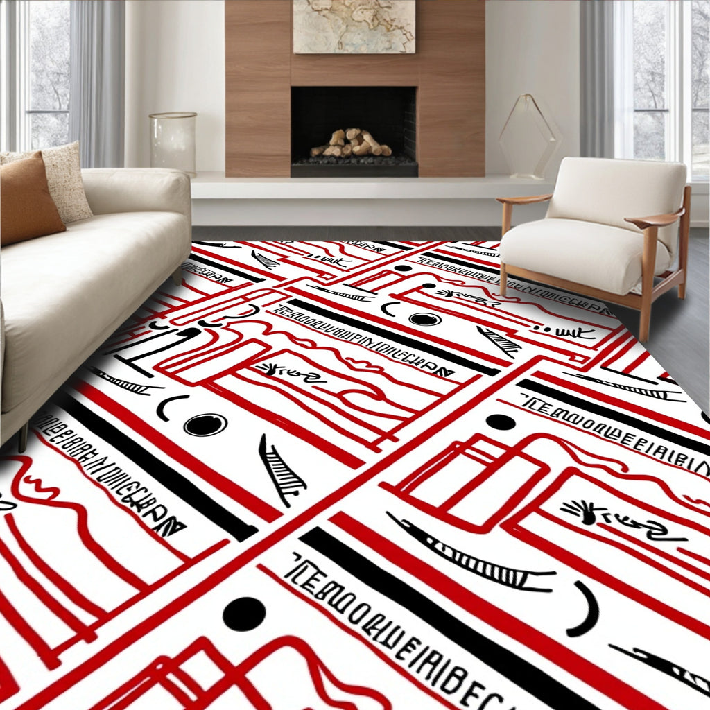 Red Black Abstract Linear Geometric Rug