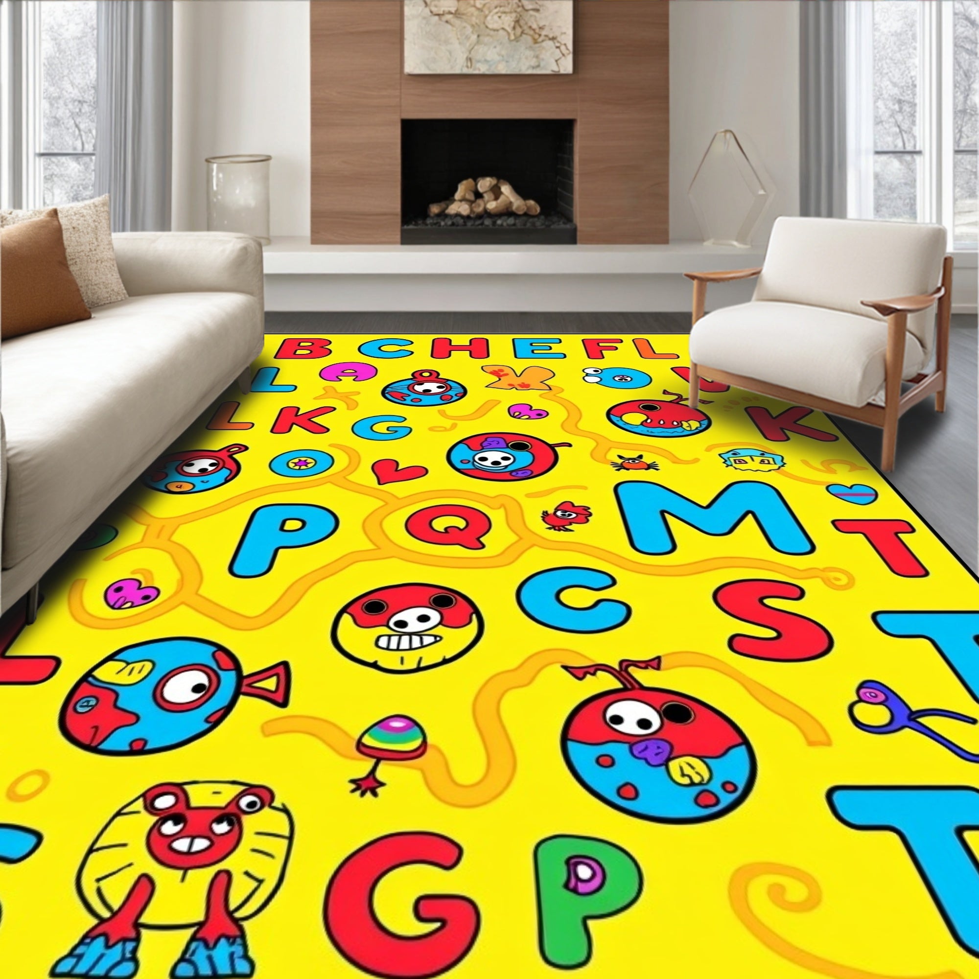 Playful Alphabet Animals Yellow Rug