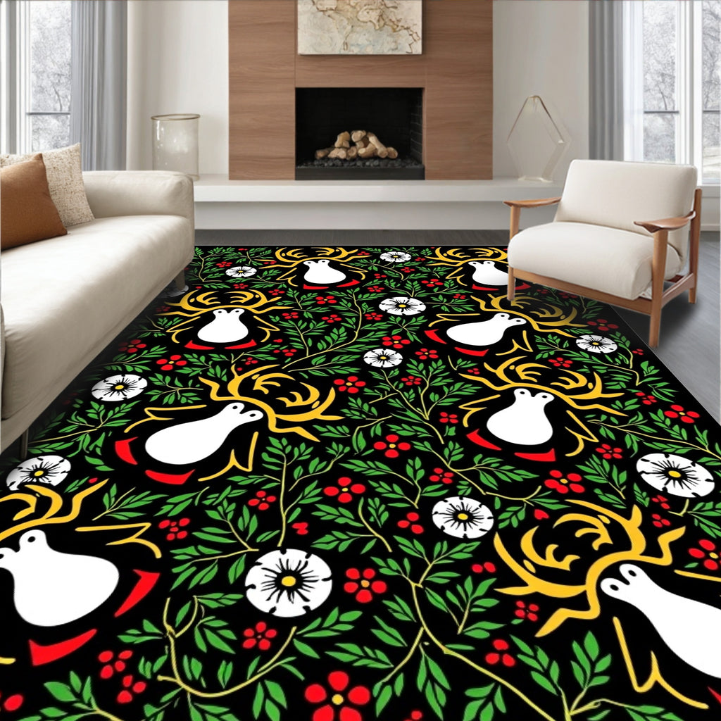 Whimsical White Reindeer Floral Garland Rug