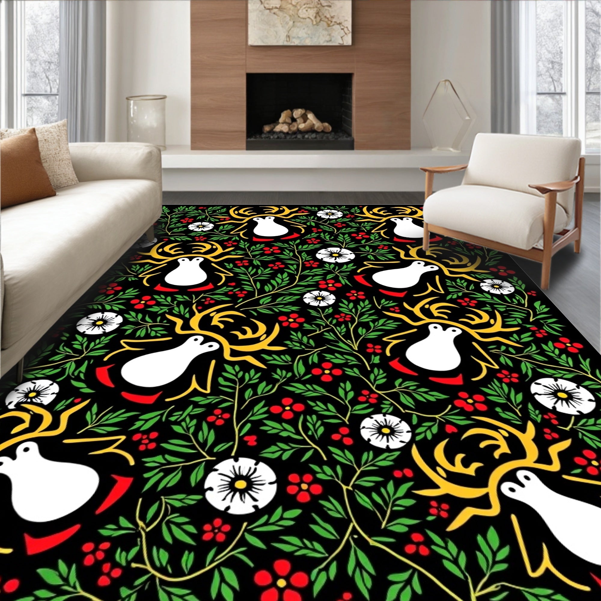Whimsical White Reindeer Floral Garland Rug