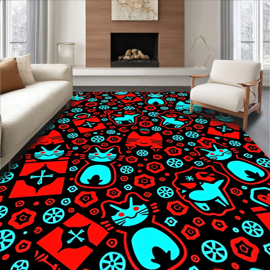 Red and Cyan Funky Cat Collage Rug