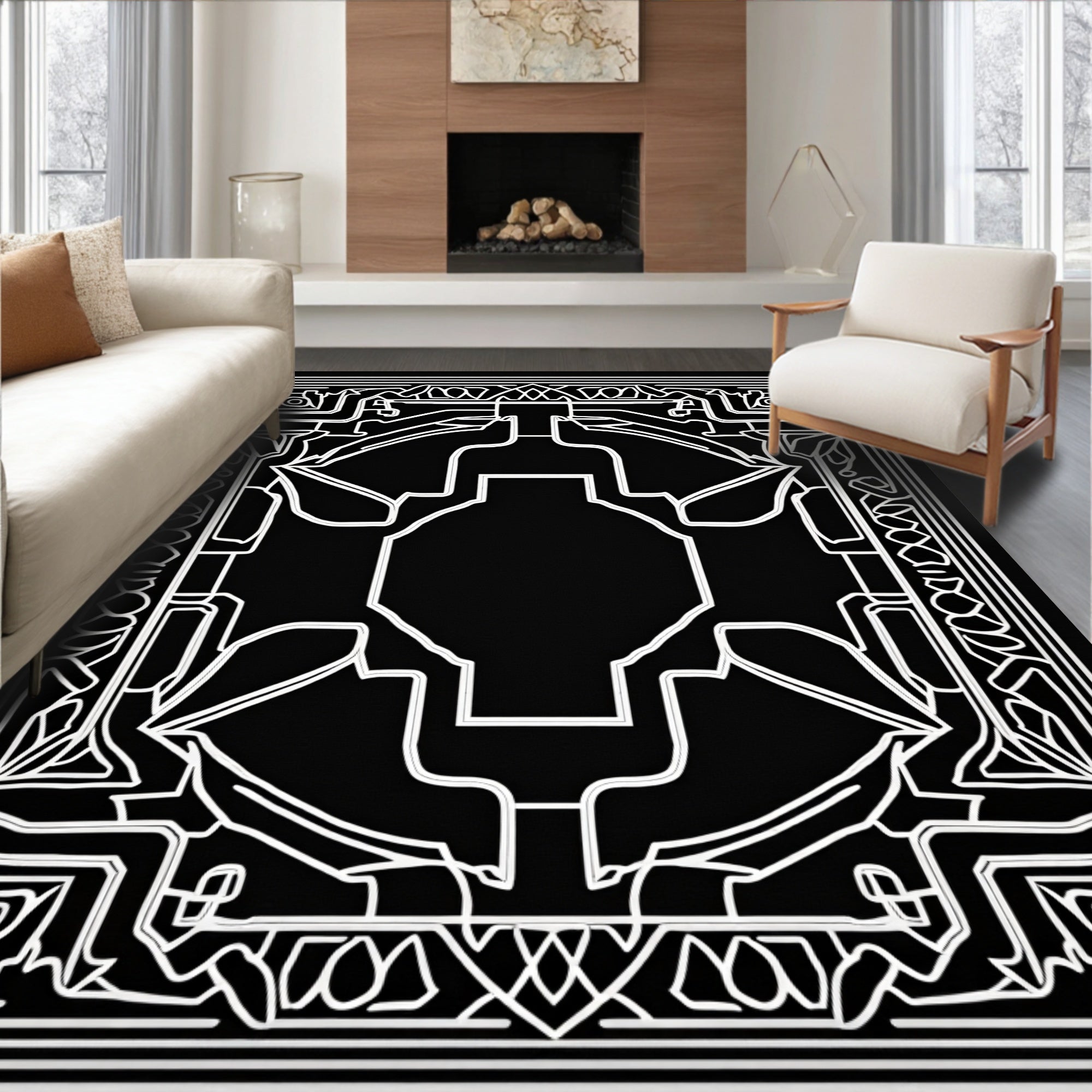 Monochromatic Ornate Geometric Square Rug