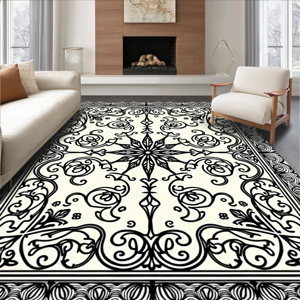 Cream Black Scrollwork Elaborate Star Rug