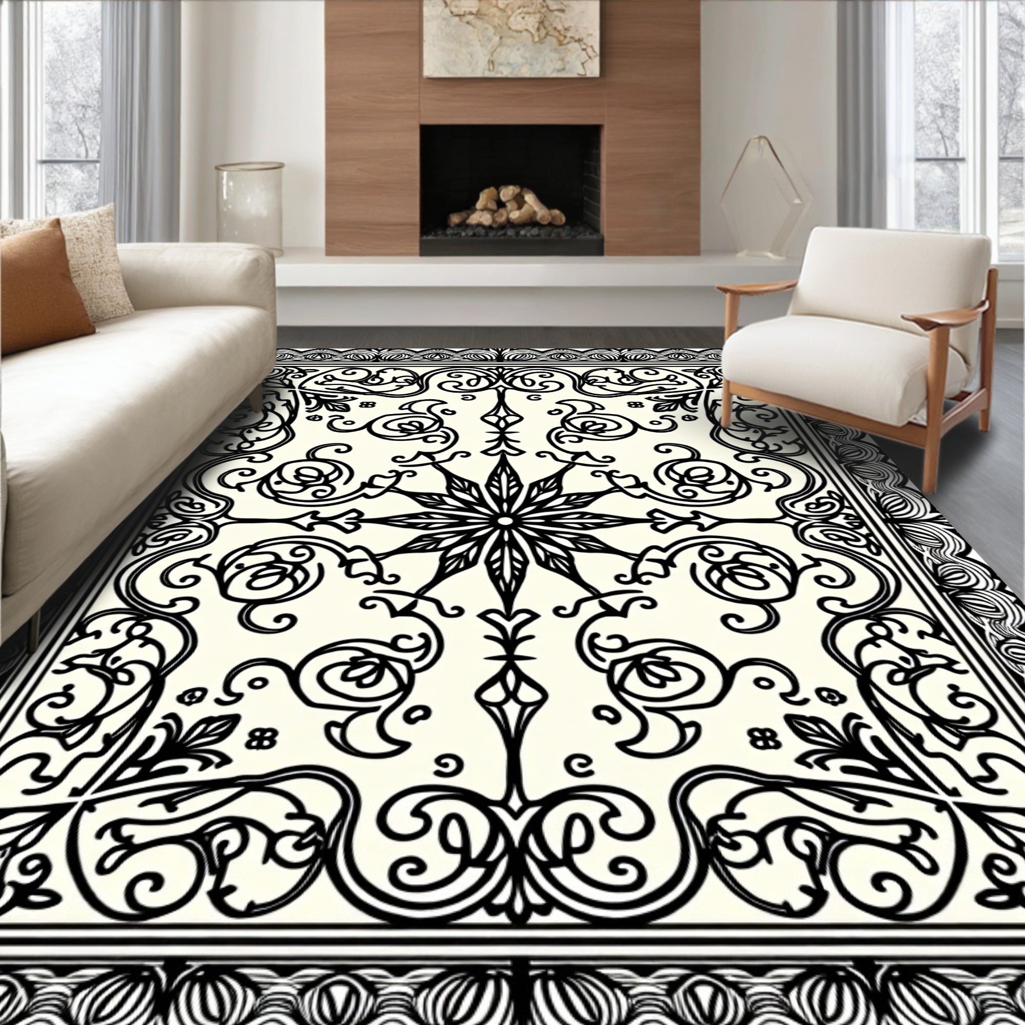 Cream Black Scrollwork Elaborate Star Rug