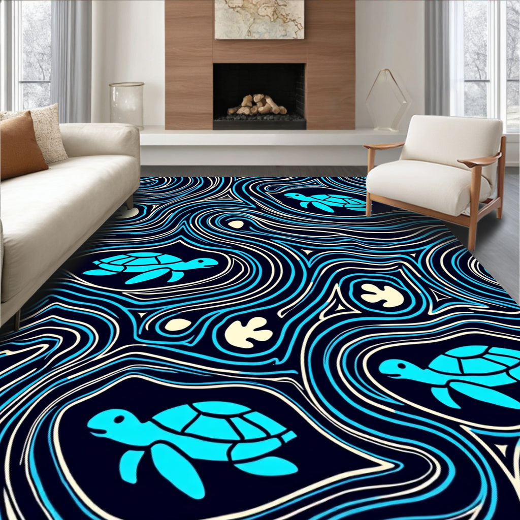 Aqua Turtle Swirl Oceanic Flow Rug