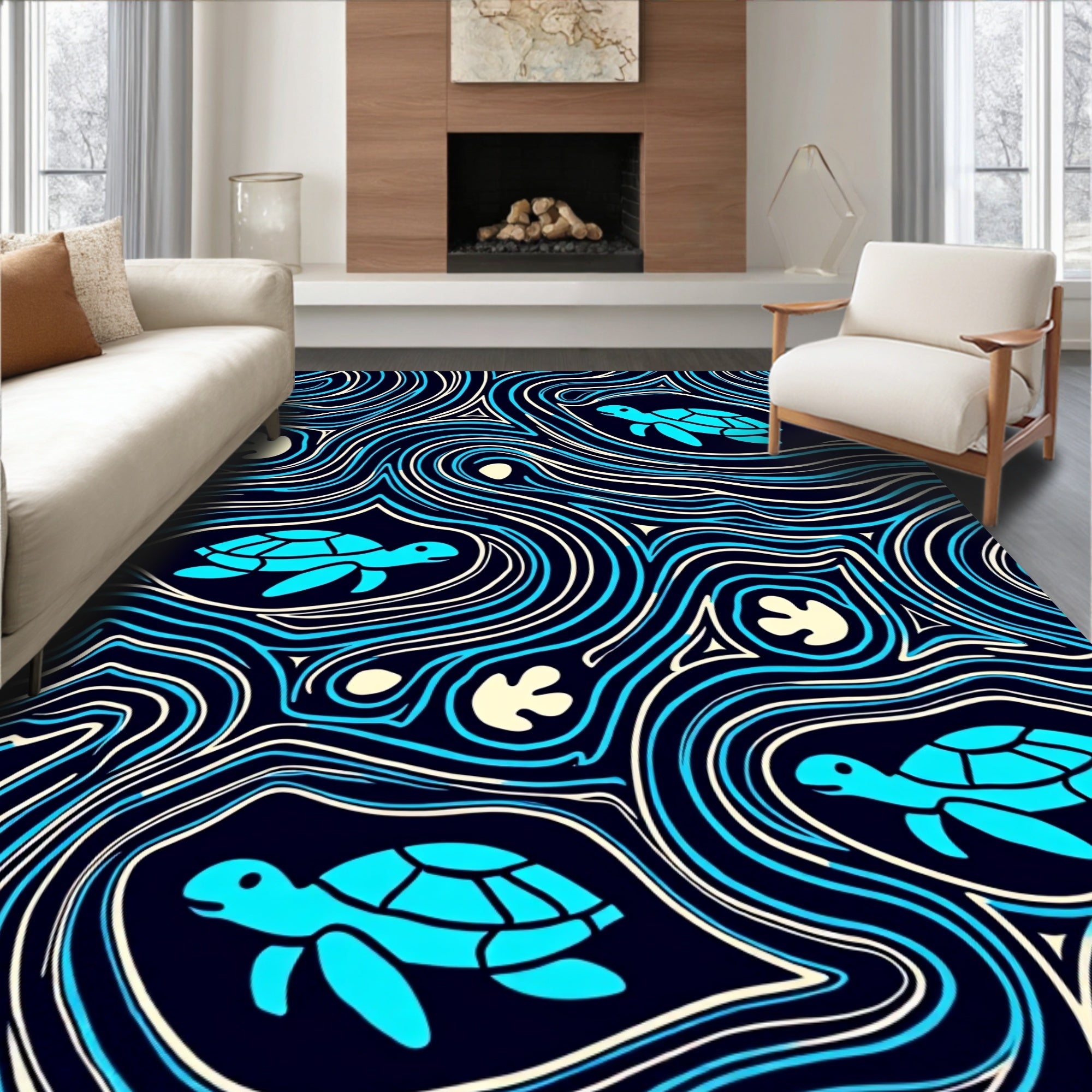 Aqua Turtle Swirl Oceanic Flow Rug