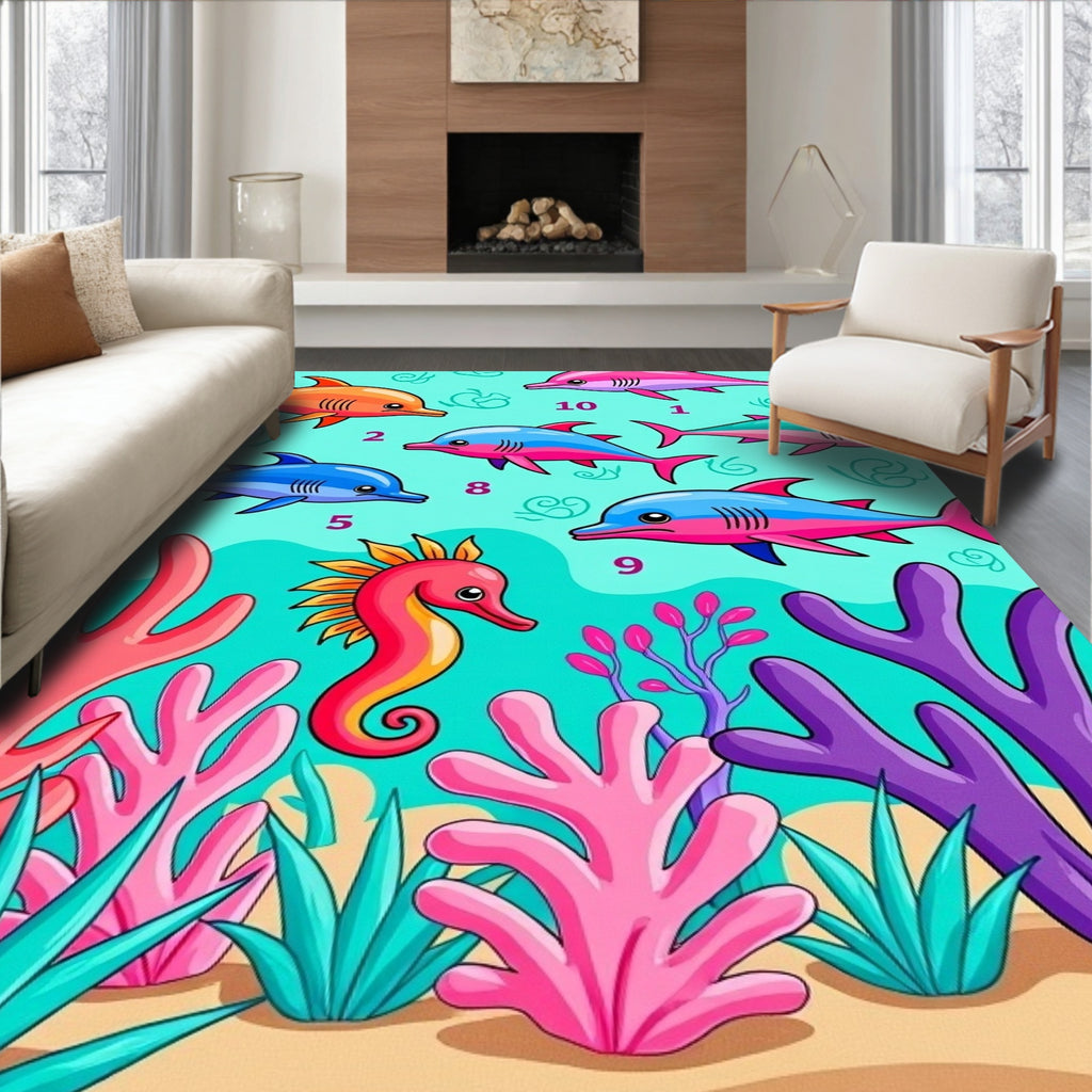 Vibrant Coral Reef Dolphin Seahorse Scene Rug