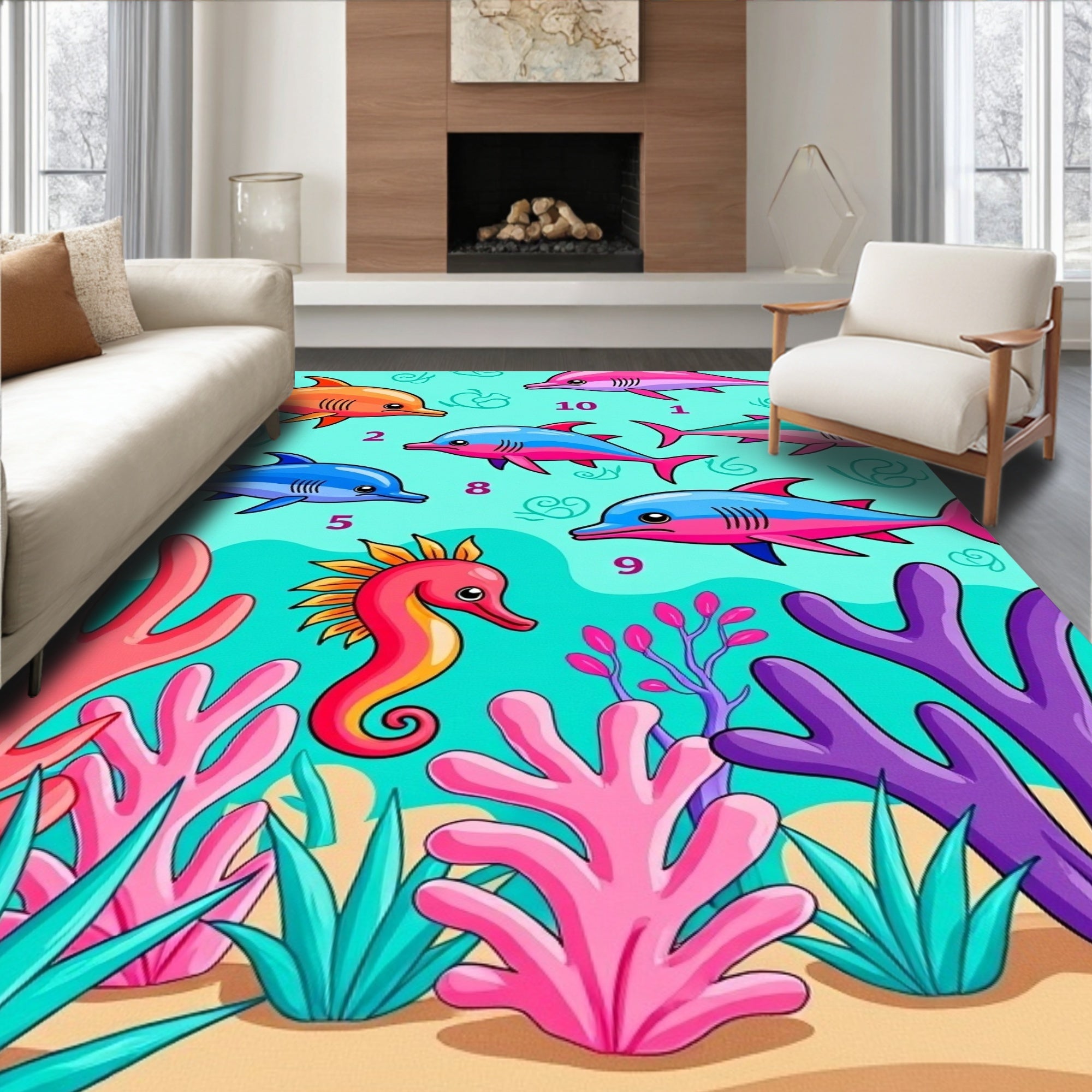 Vibrant Coral Reef Dolphin Seahorse Scene Rug