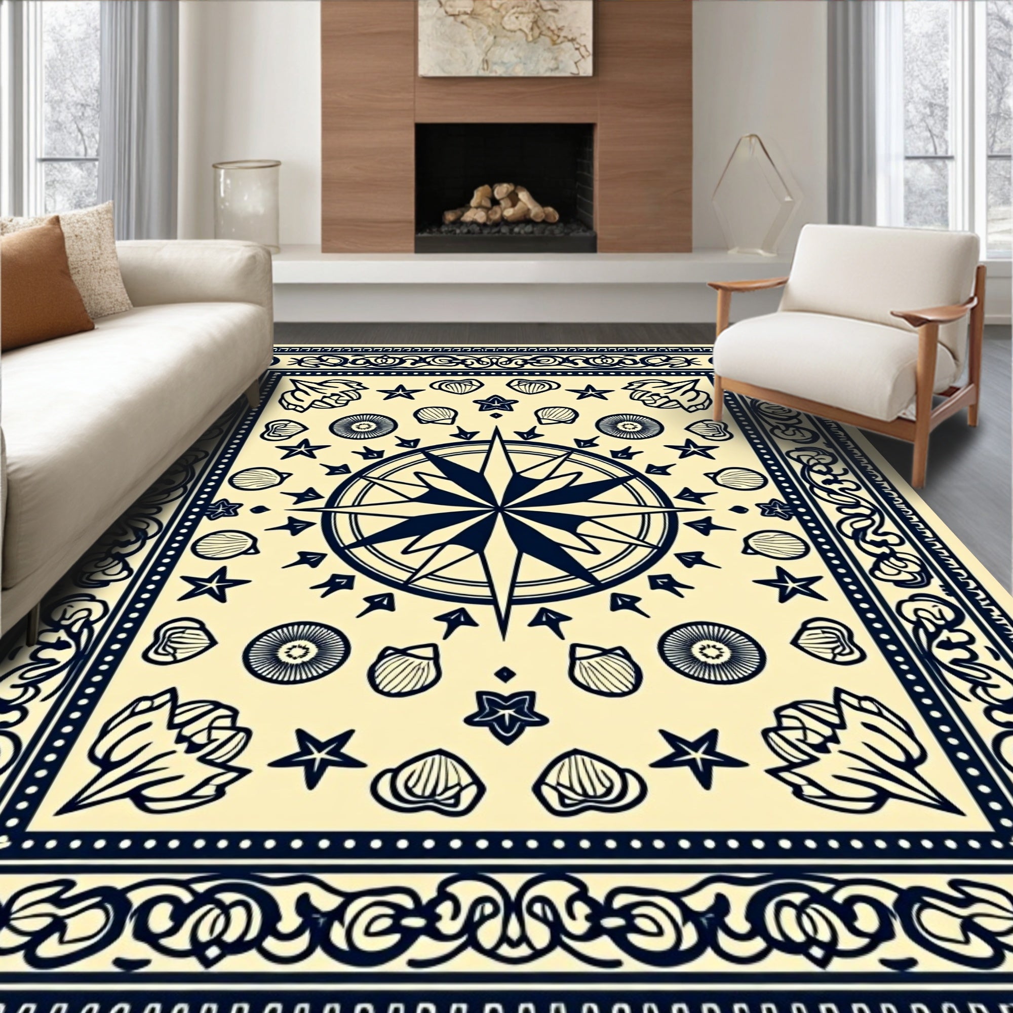 Navy Blue Nautical Star Seashell Scatter Rug