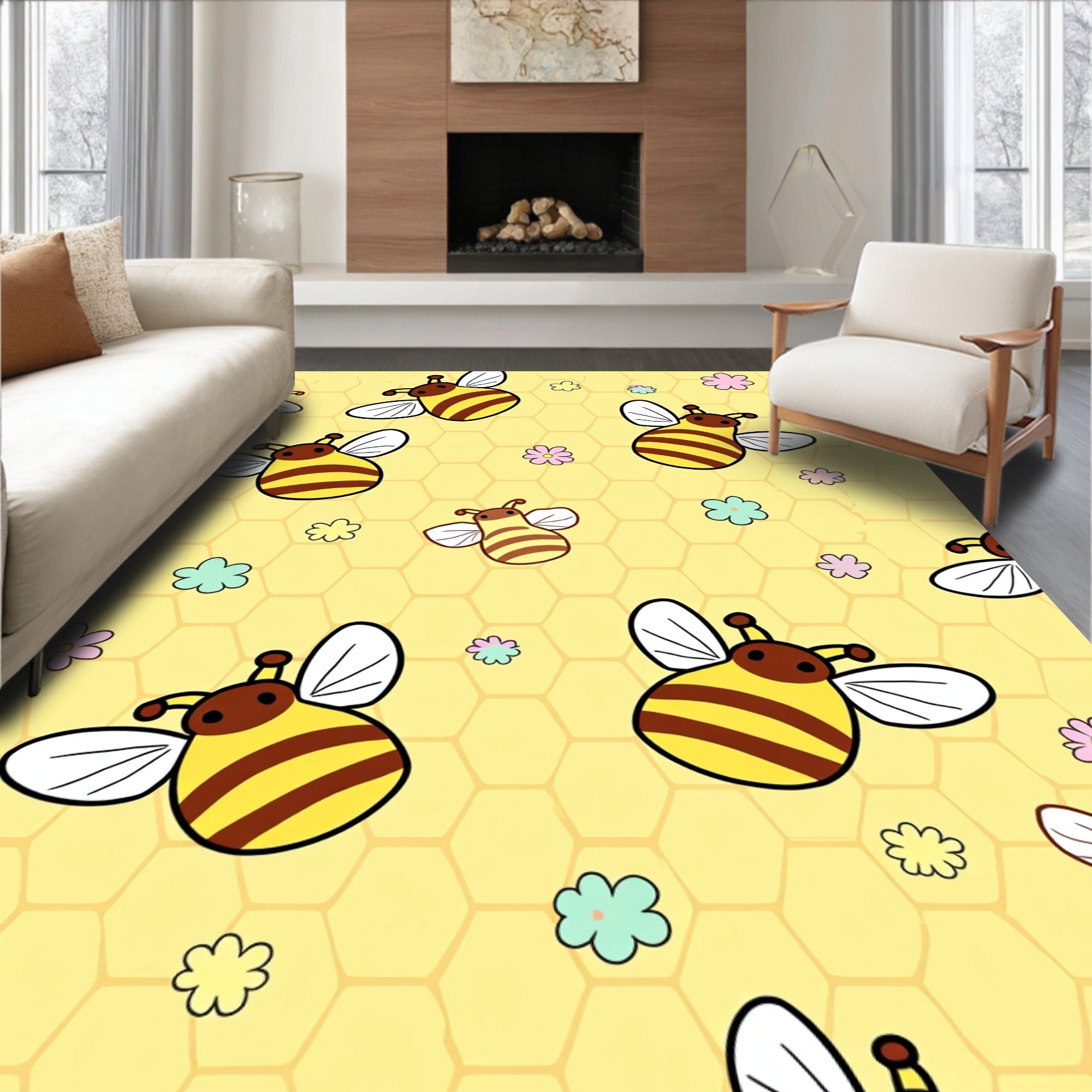 Whimsical Yellow Bees Flowers Honeycomb Rug