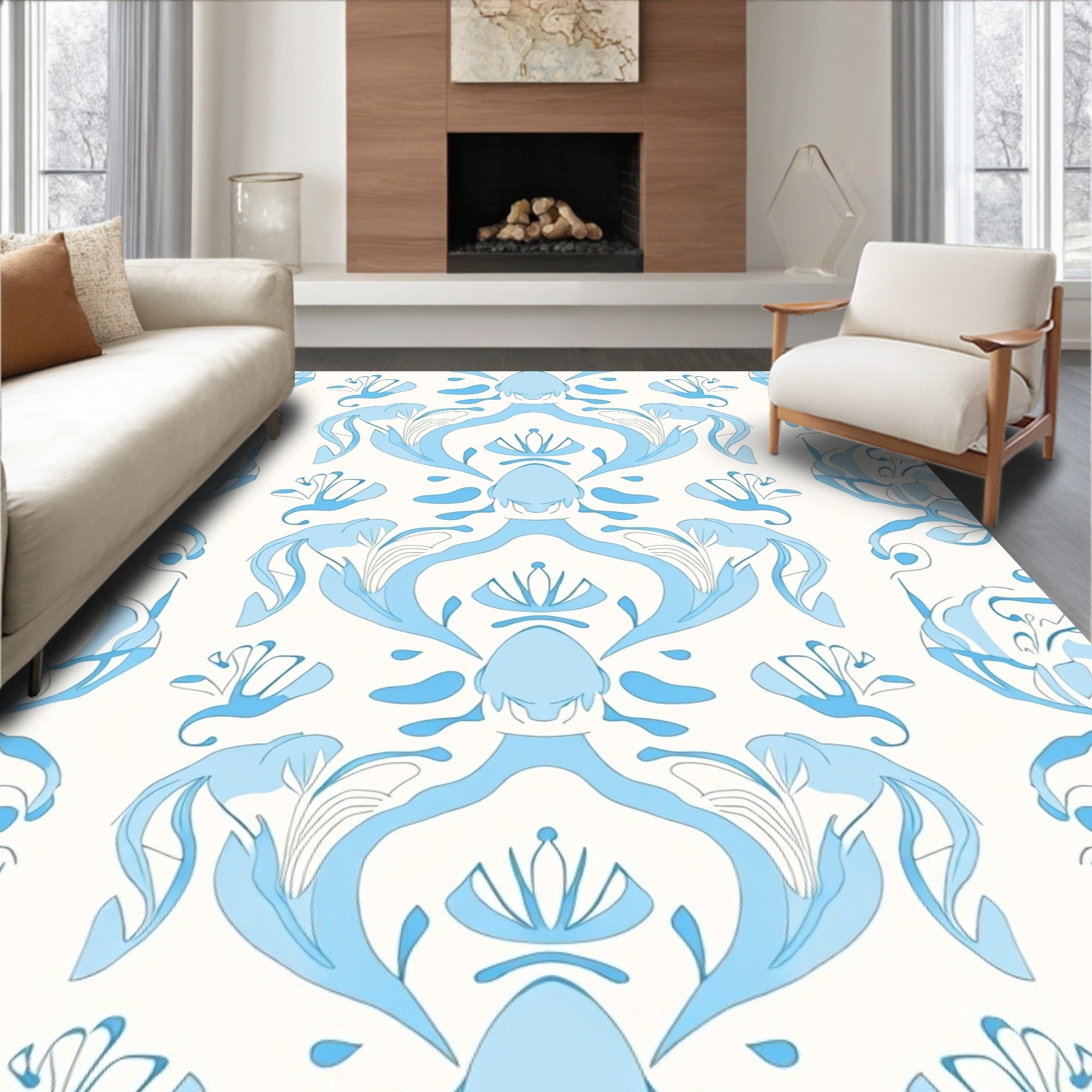 Light Blue Floral Damask Repeats Rug