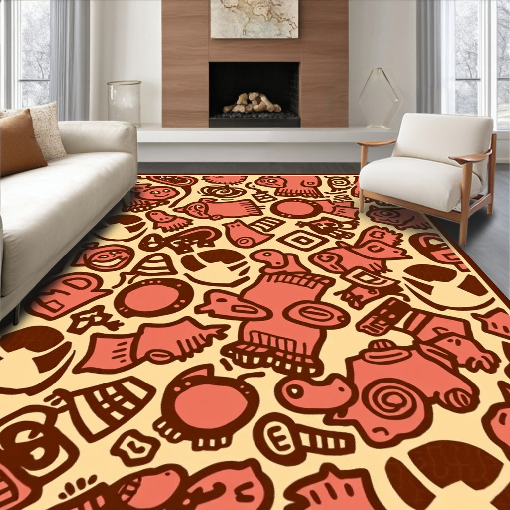Playful Coral Cartoon Creature Collage Rug