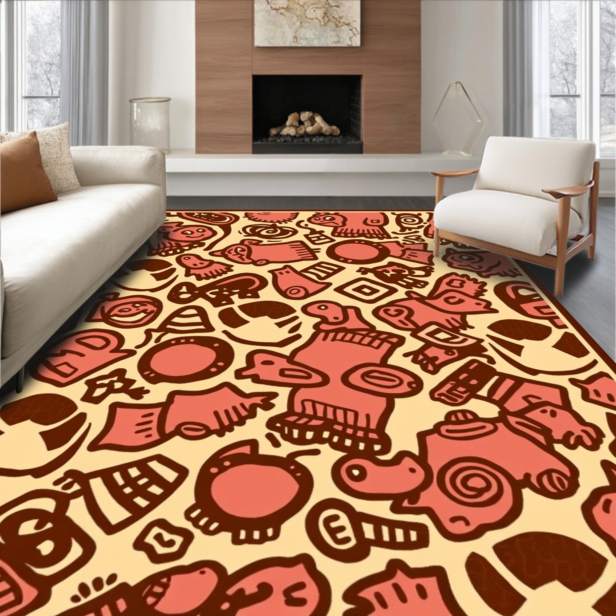 Playful Coral Cartoon Creature Collage Rug