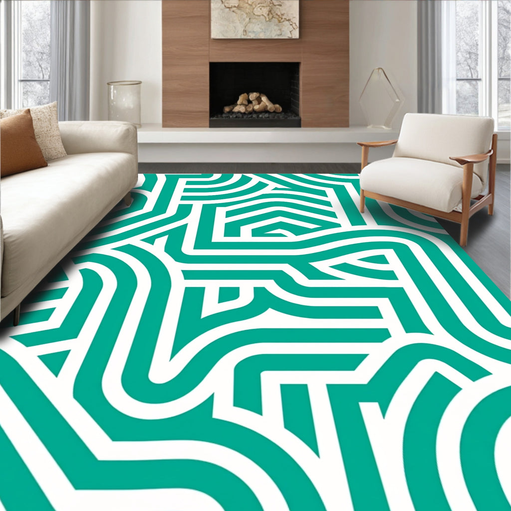 Teal and White Interlocking Lines Rug
