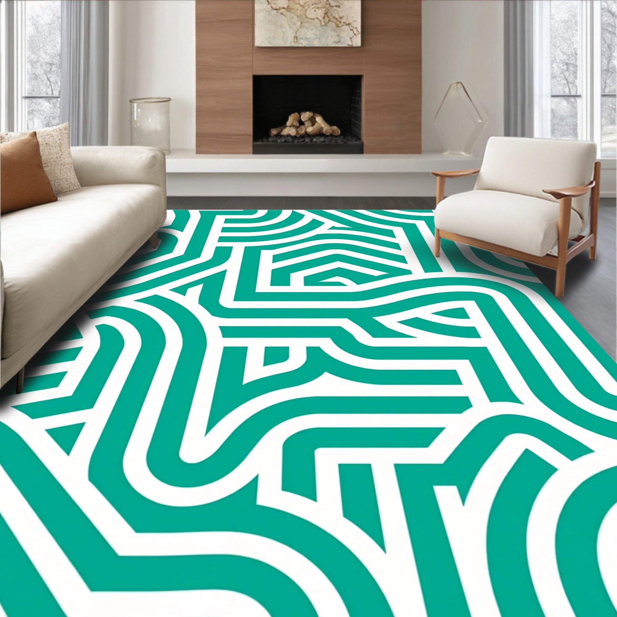 Teal and White Interlocking Lines Rug