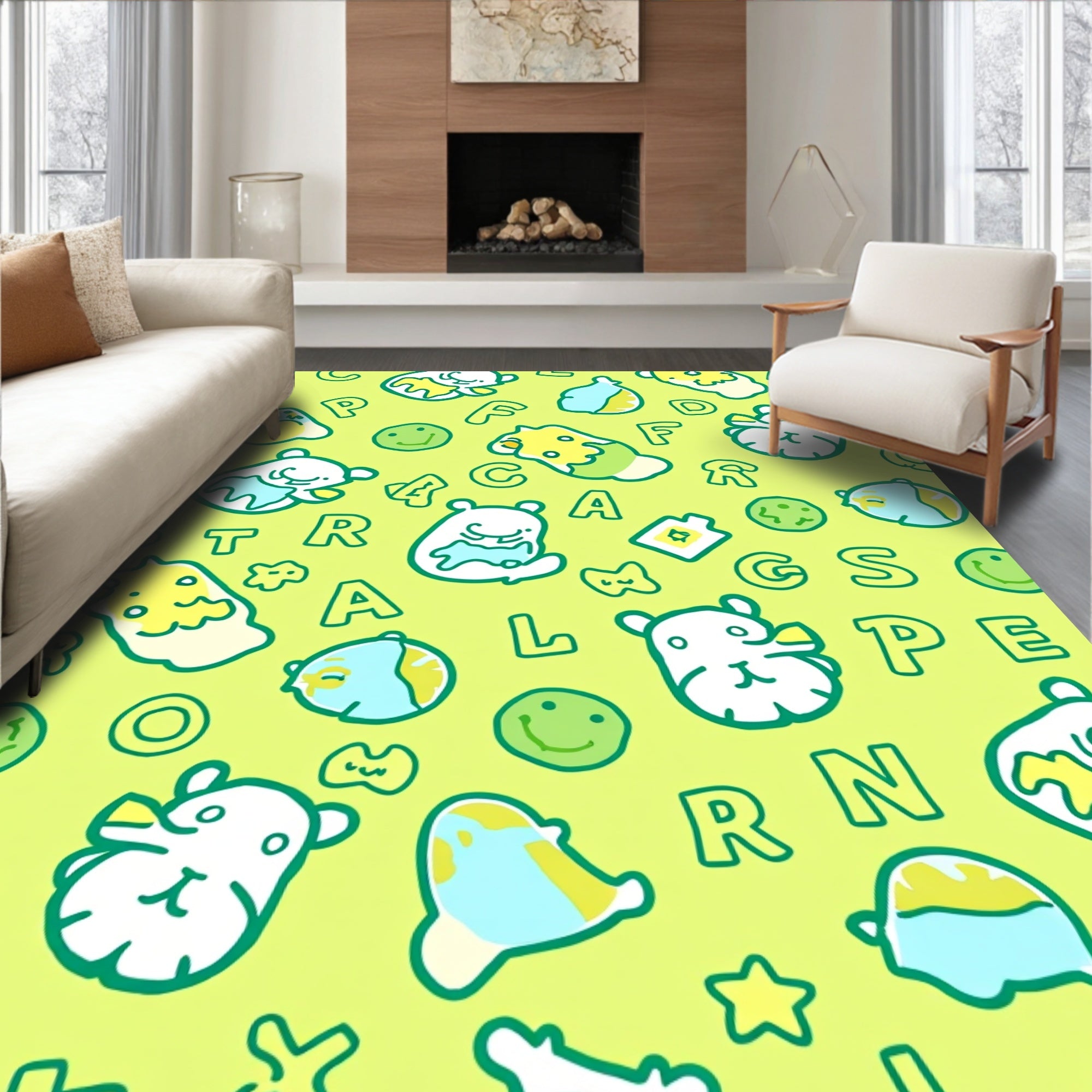 Light Yellow Cartoon Creatures Alphabet Rug