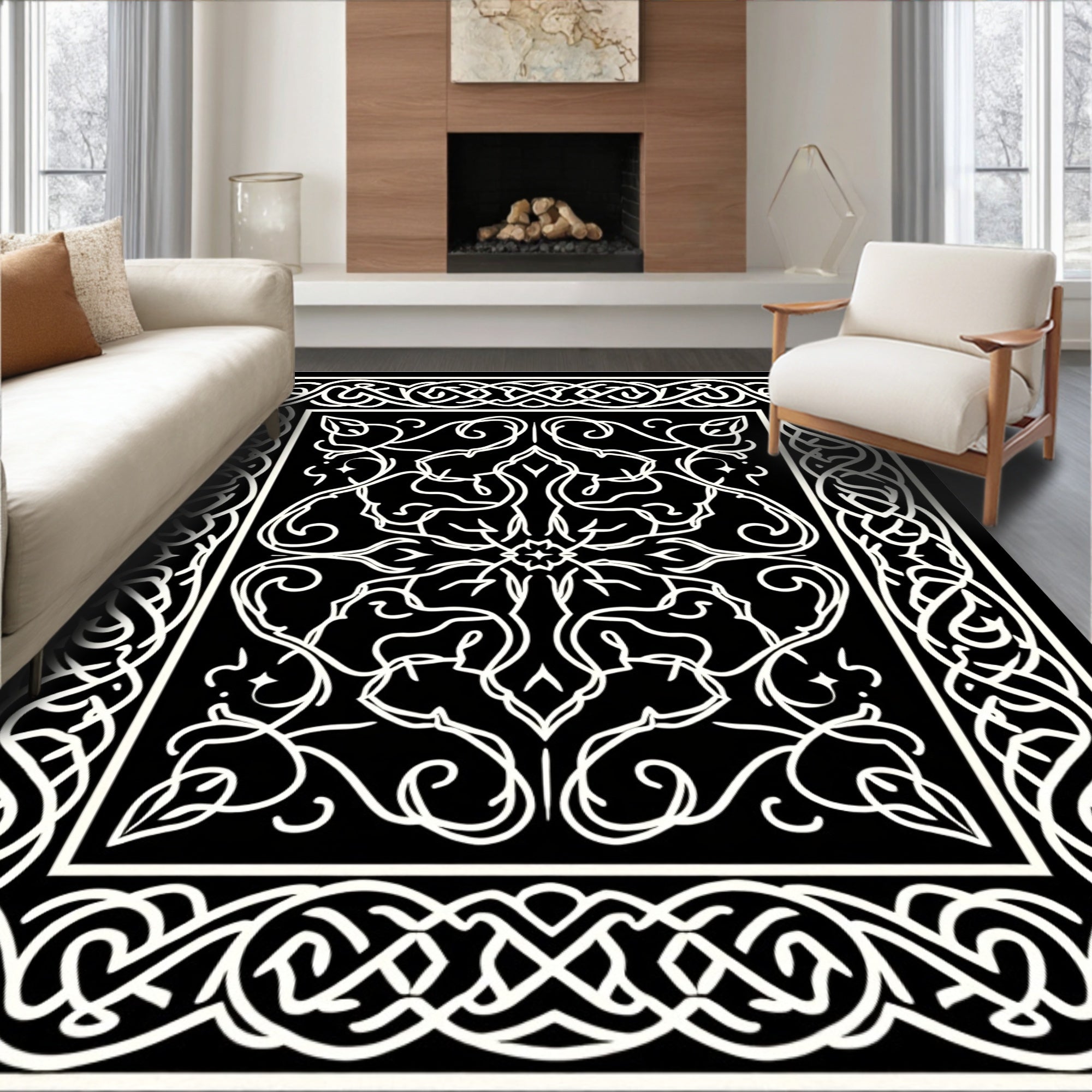 Black White Intricate Swirl Scroll Border Rug
