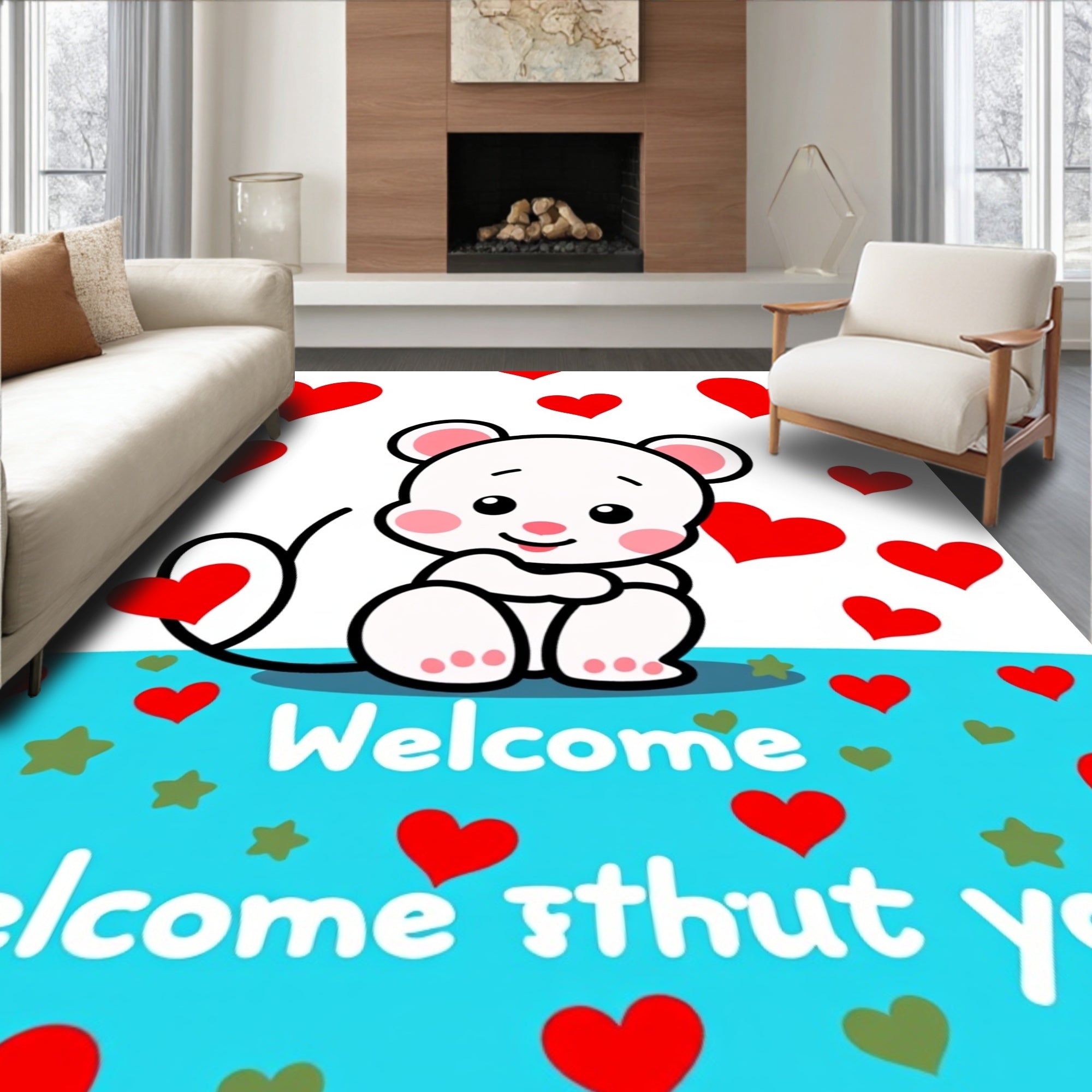 Cute White Mouse Red Hearts Background Rug