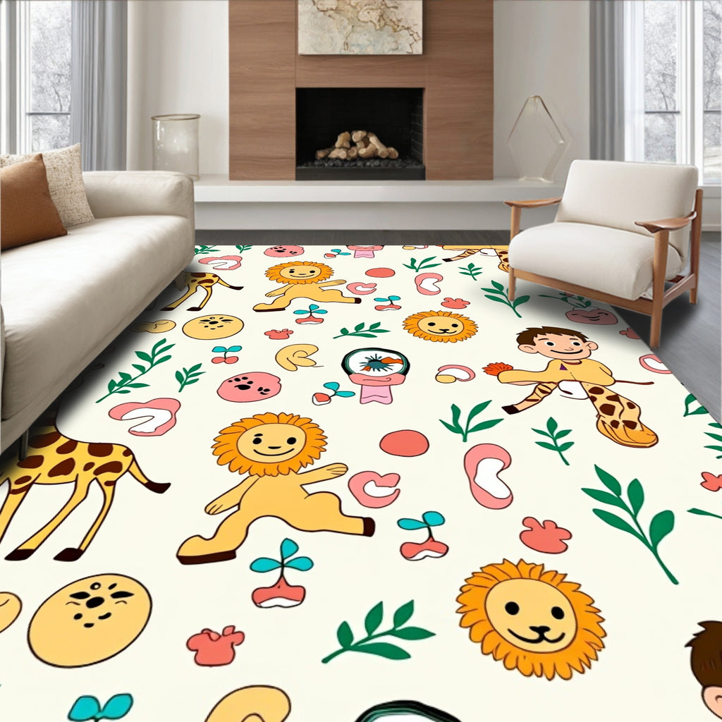Playful Yellow Animals Geometric Arrangement Rug