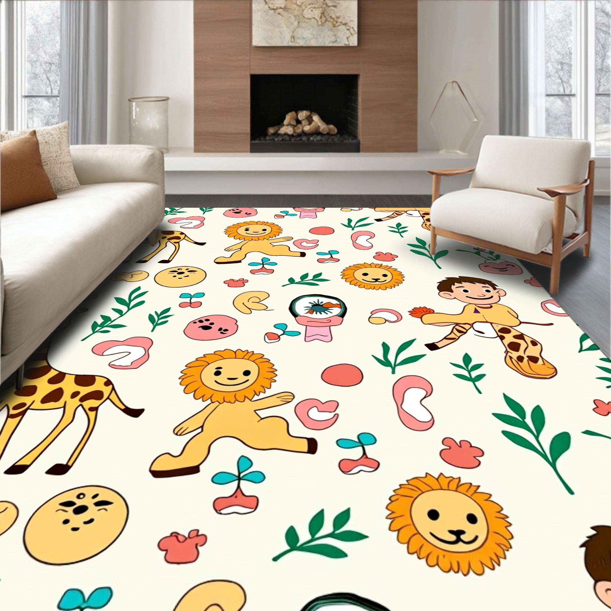 Playful Yellow Animals Geometric Arrangement Rug