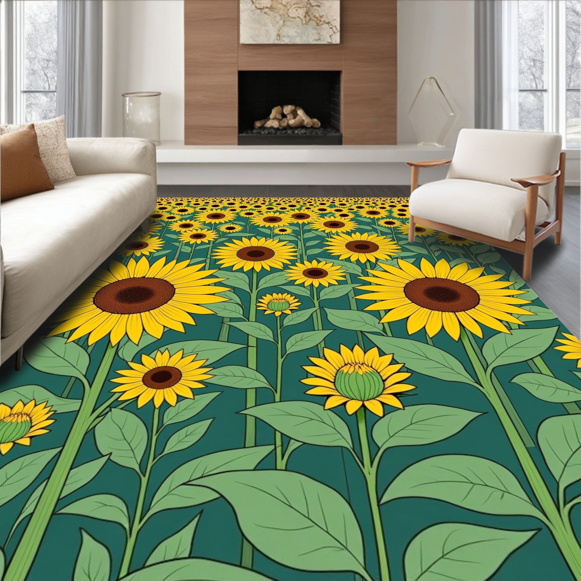 Golden Sunflowers Covering Teal Field Rug