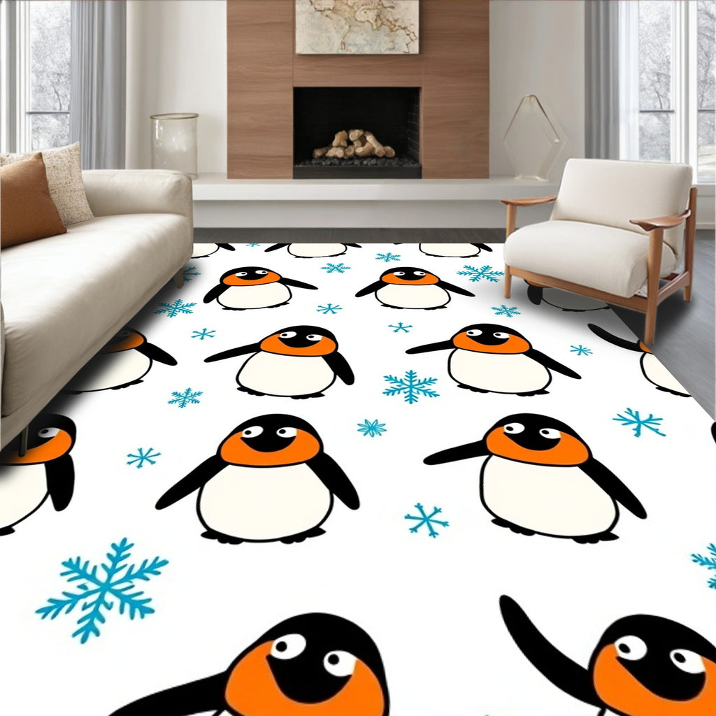 Whimsical Penguin Snowflakes White Background Rug