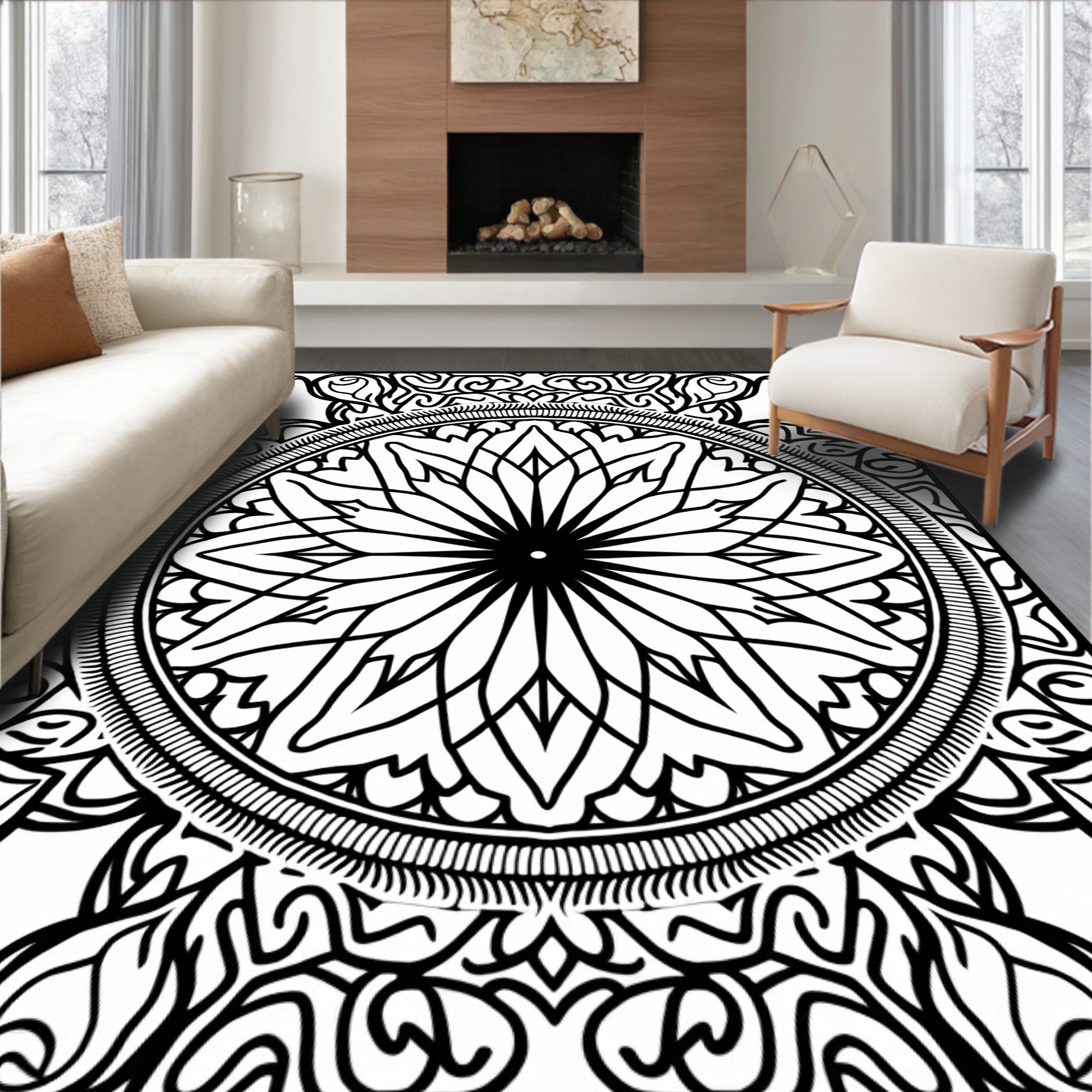 Black White Mandala Radial Floral Rug