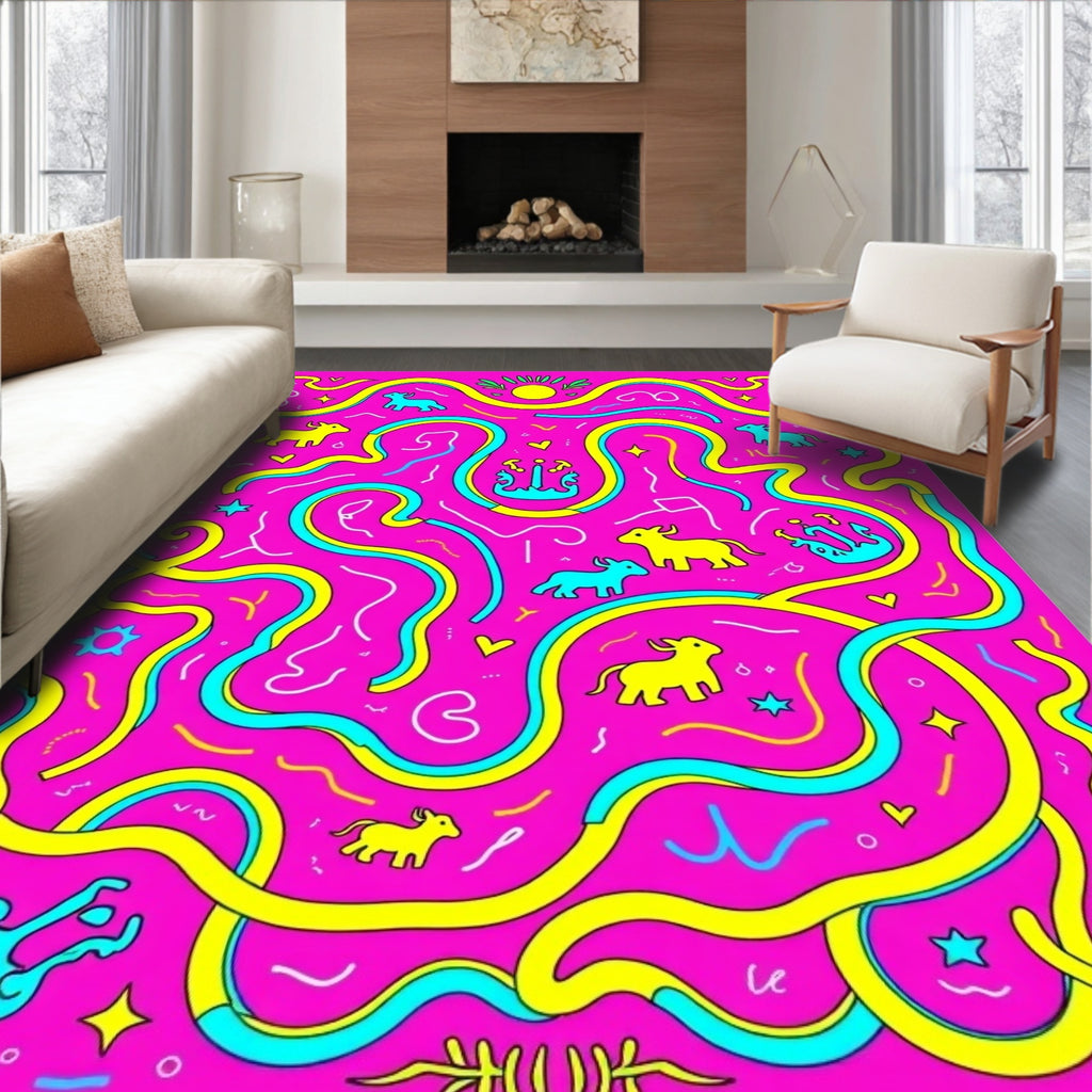Playful Pink Yellow Blue Animal Maze Rug