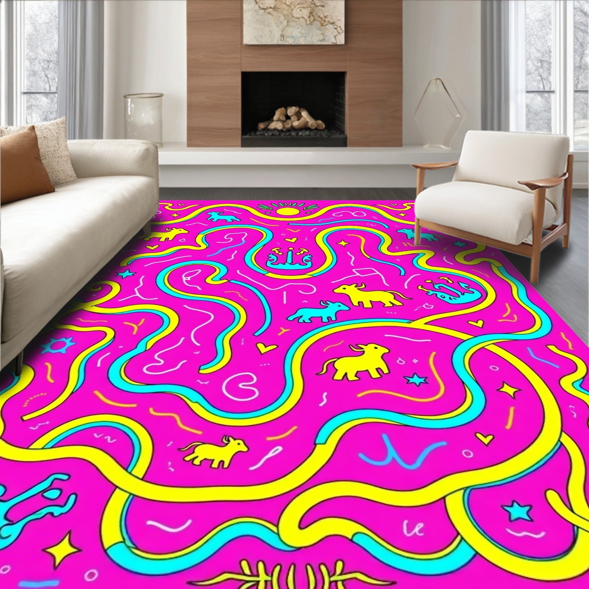Playful Pink Yellow Blue Animal Maze Rug