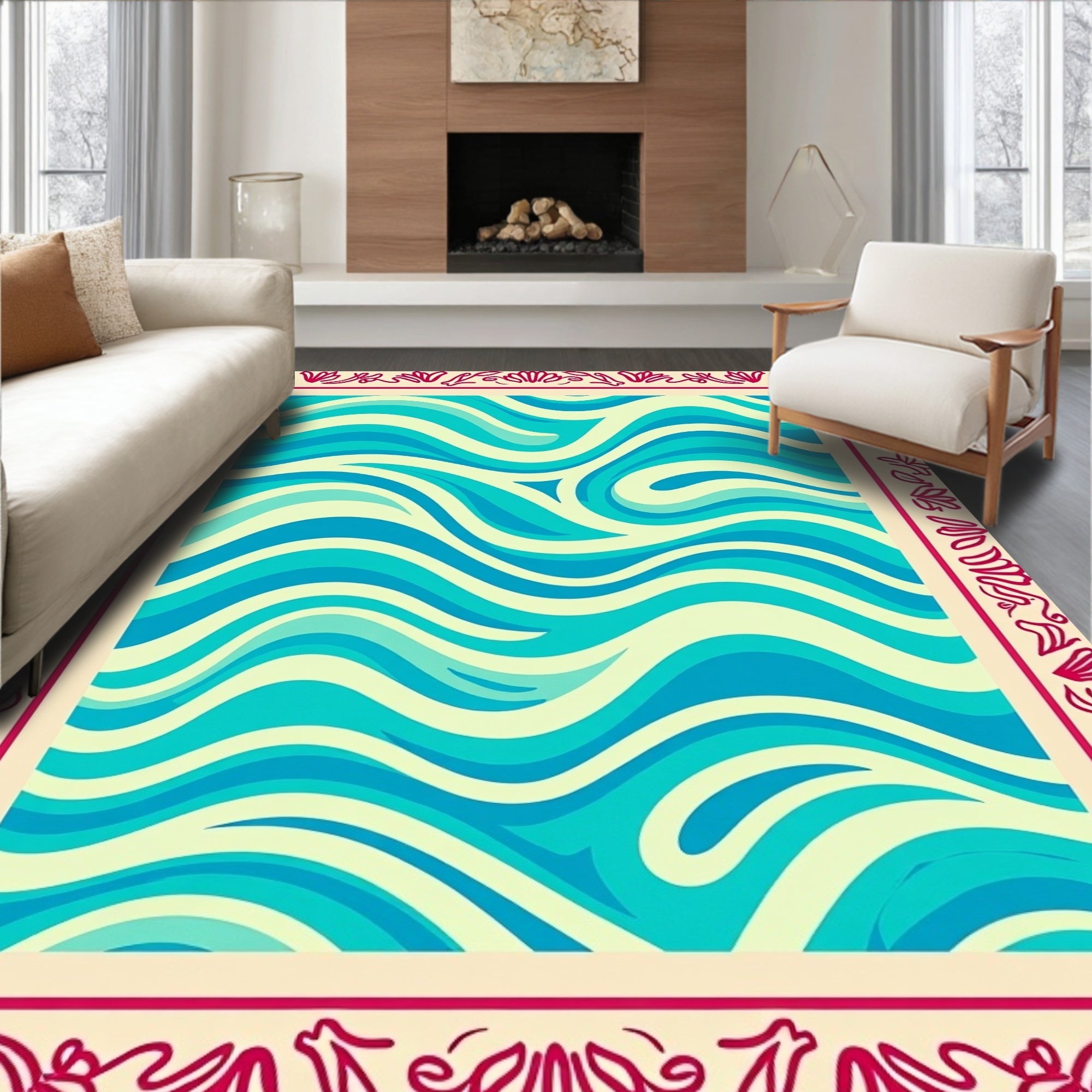 Turquoise Aqua Swirl Border Rug