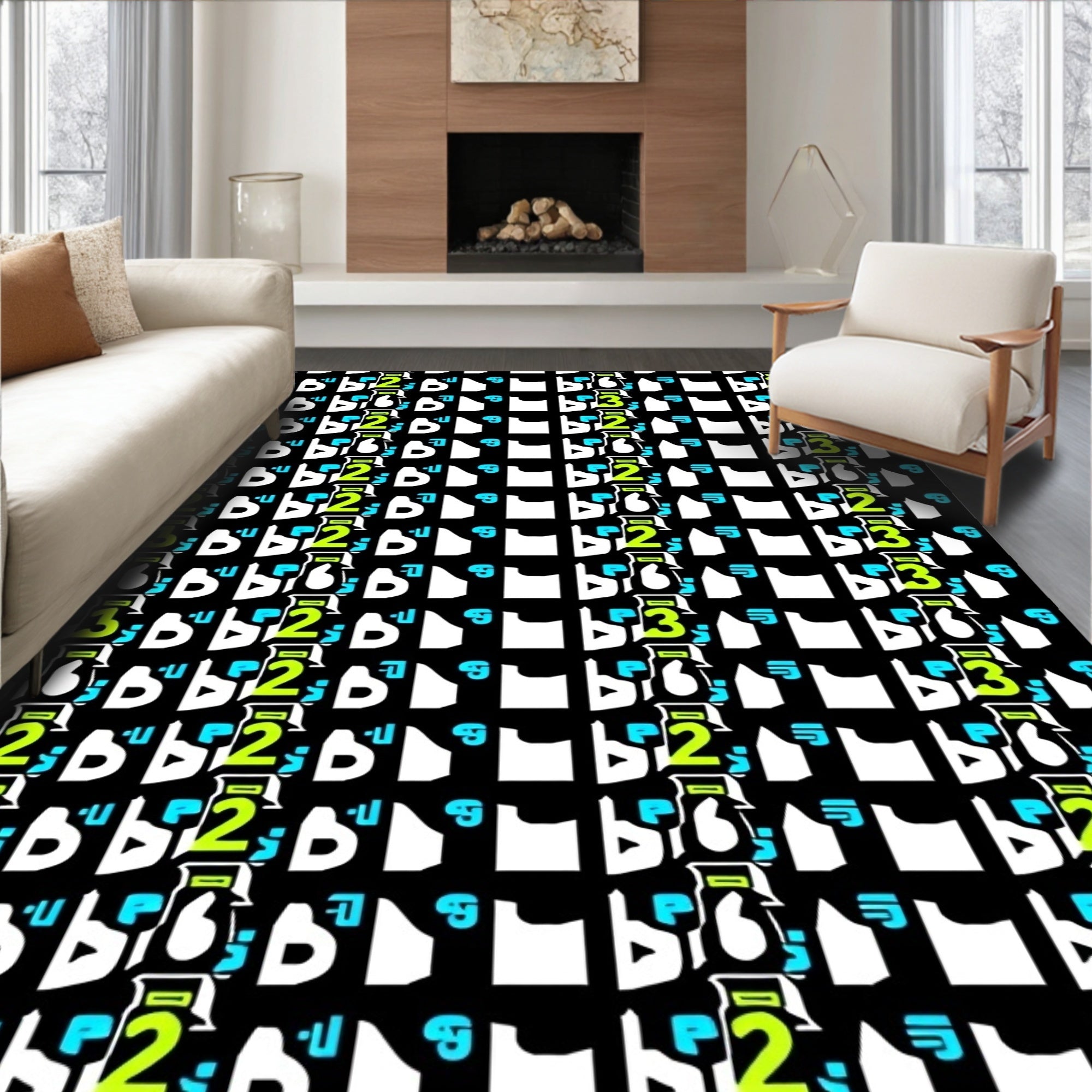 Bold Neon Geometric Alphabet Collage Rug