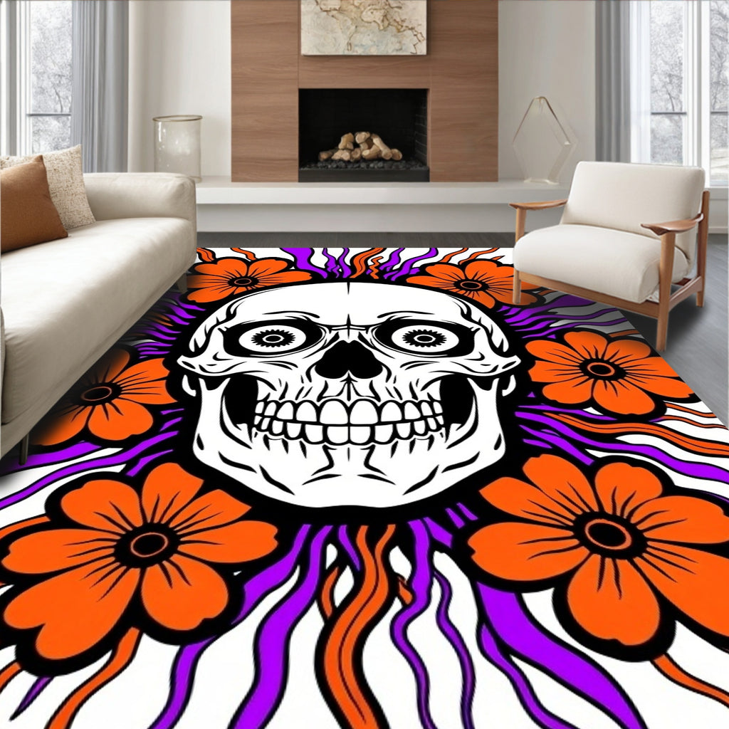 Orange Skull Burst Floral Rug