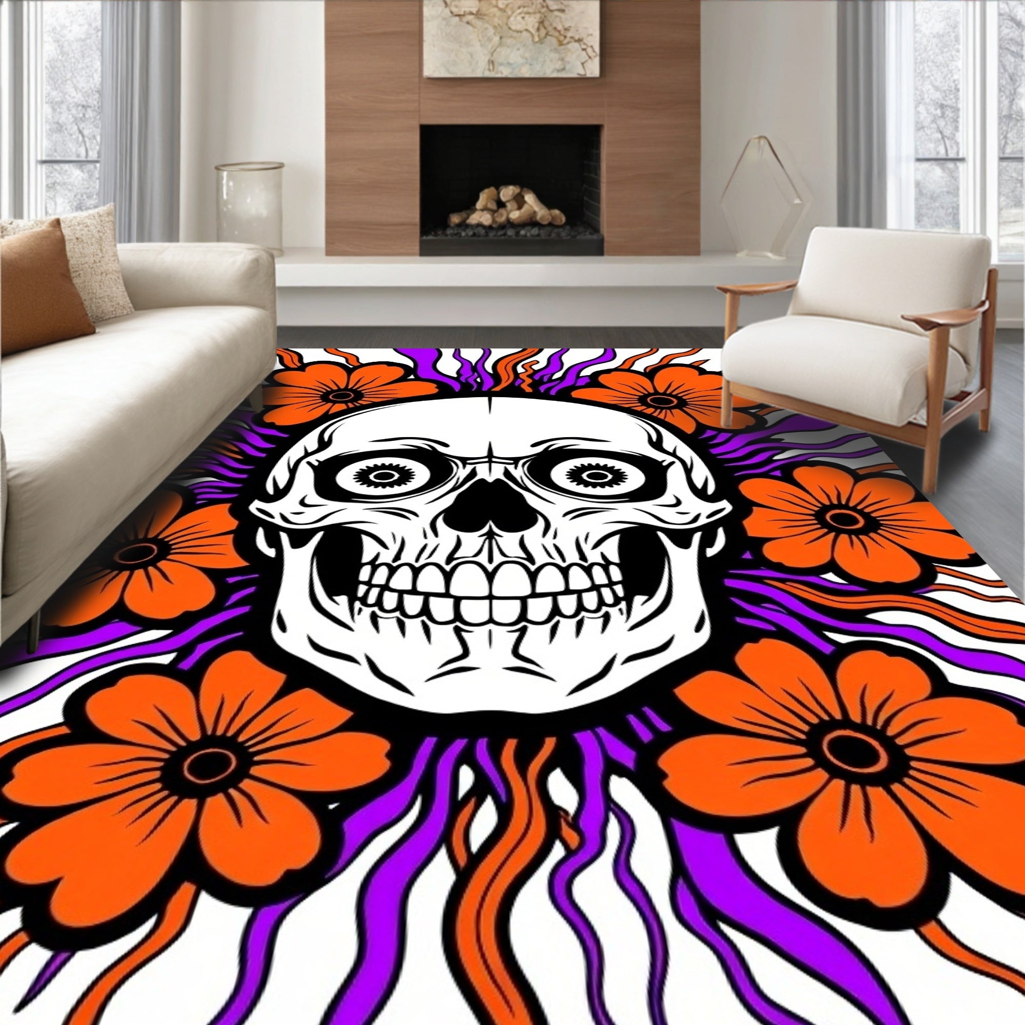 Orange Skull Burst Floral Rug