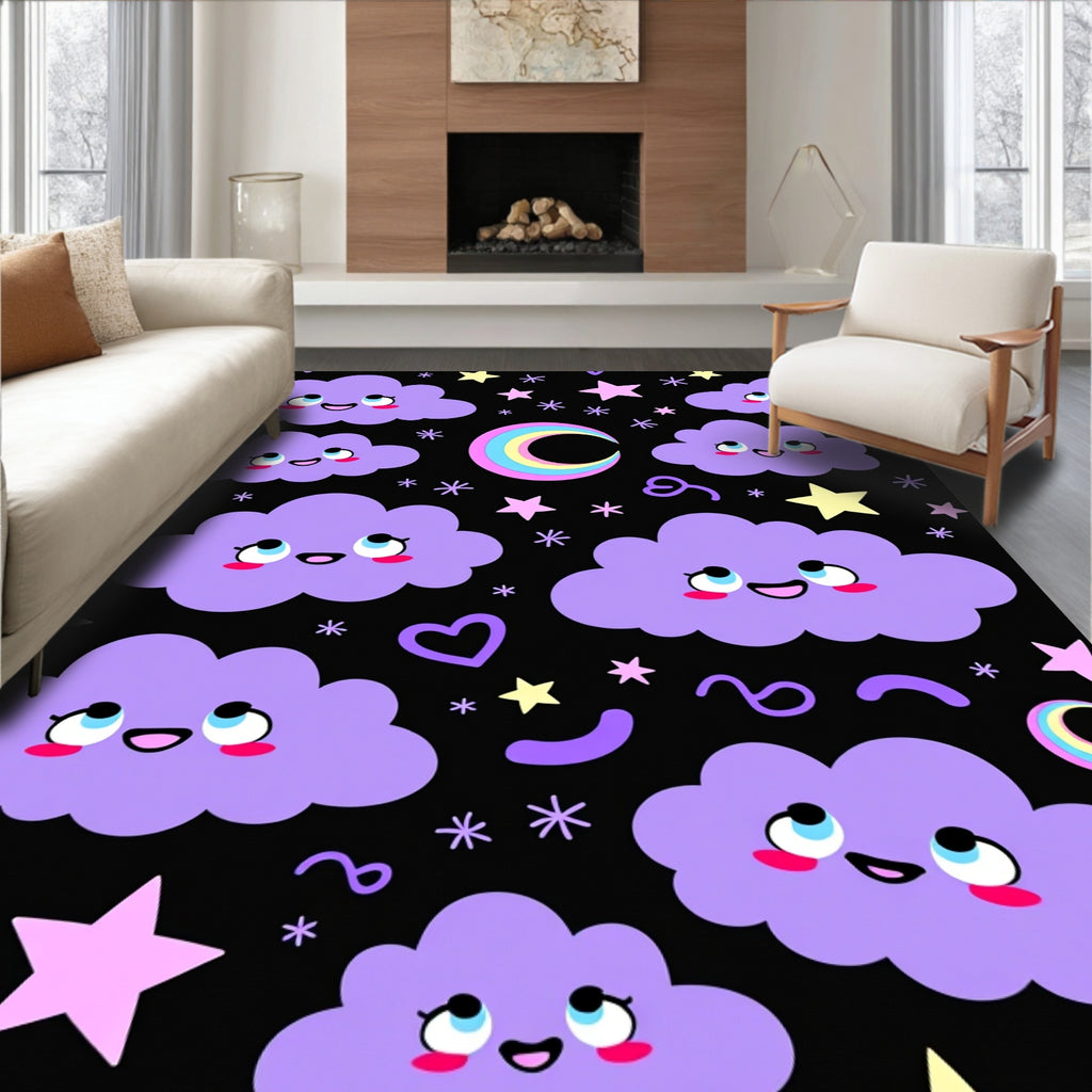 Kawaii Purple Clouds Rainbow Moon Rug