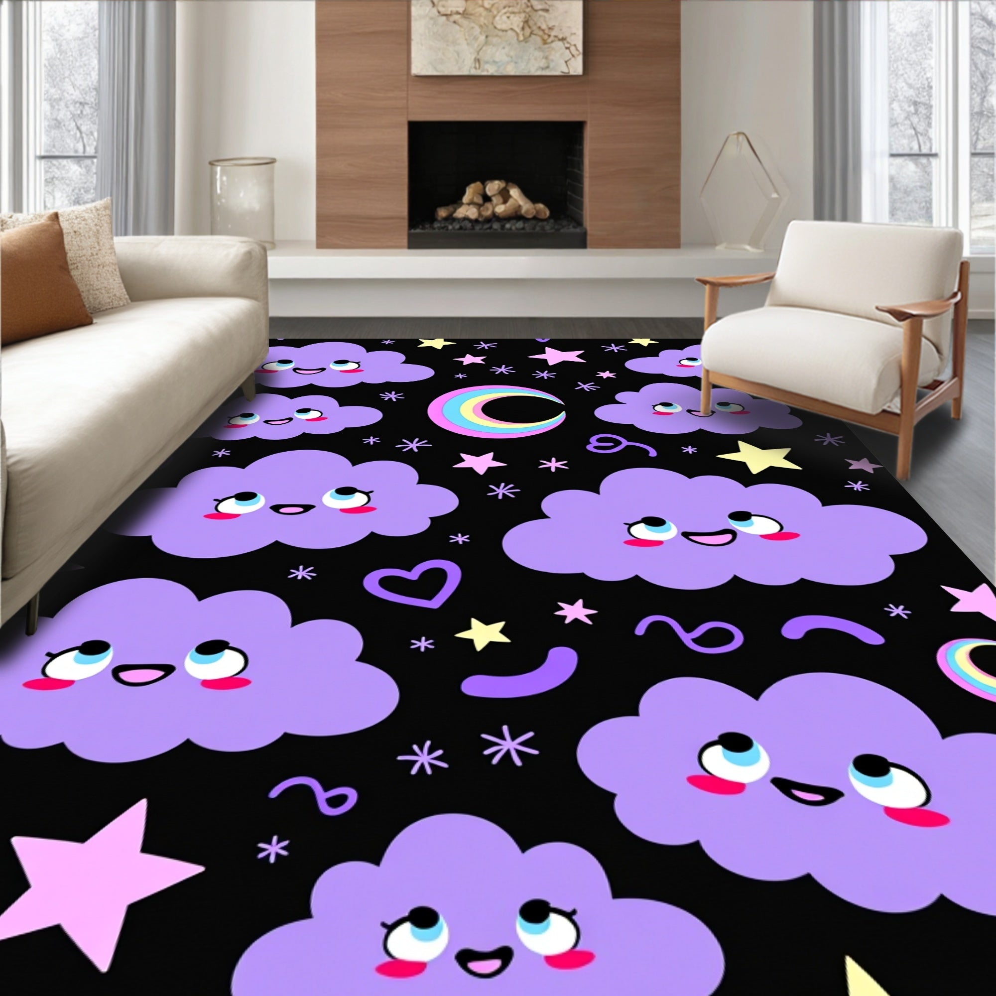 Kawaii Purple Clouds Rainbow Moon Rug