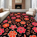 Crimson Coral Floral Vine Black Rug