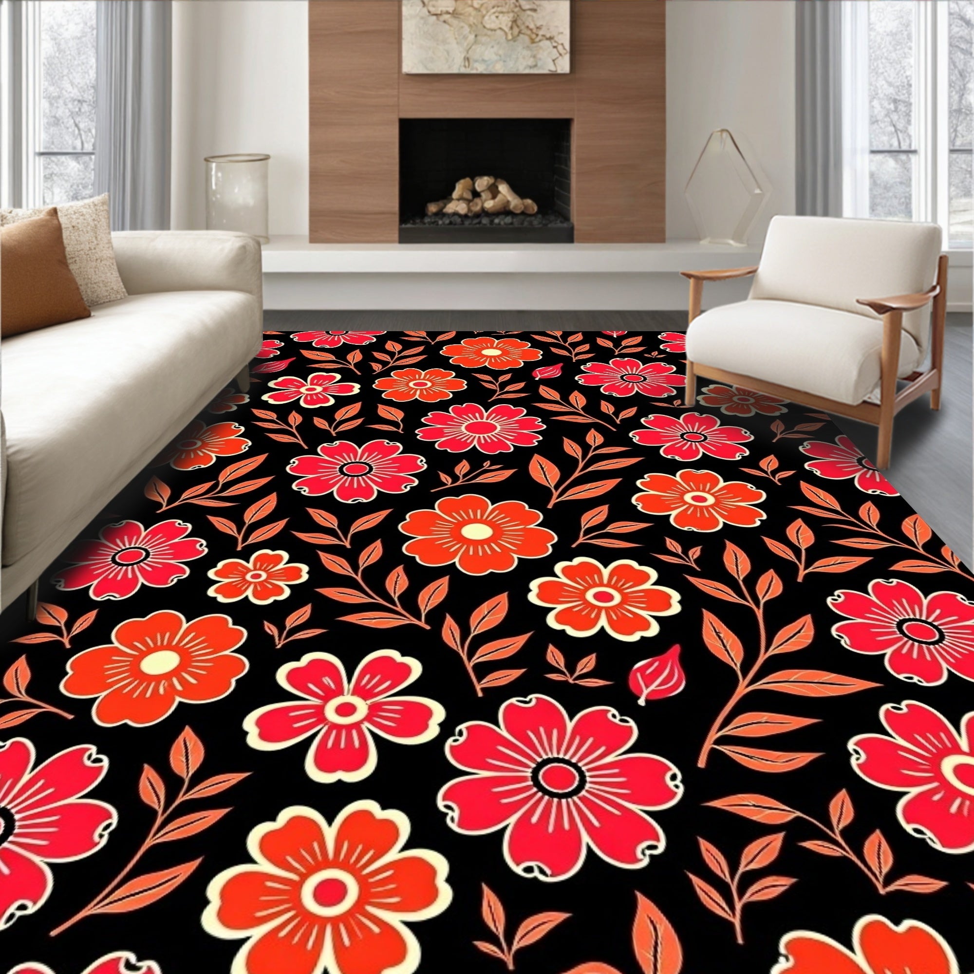 Crimson Coral Floral Vine Black Rug