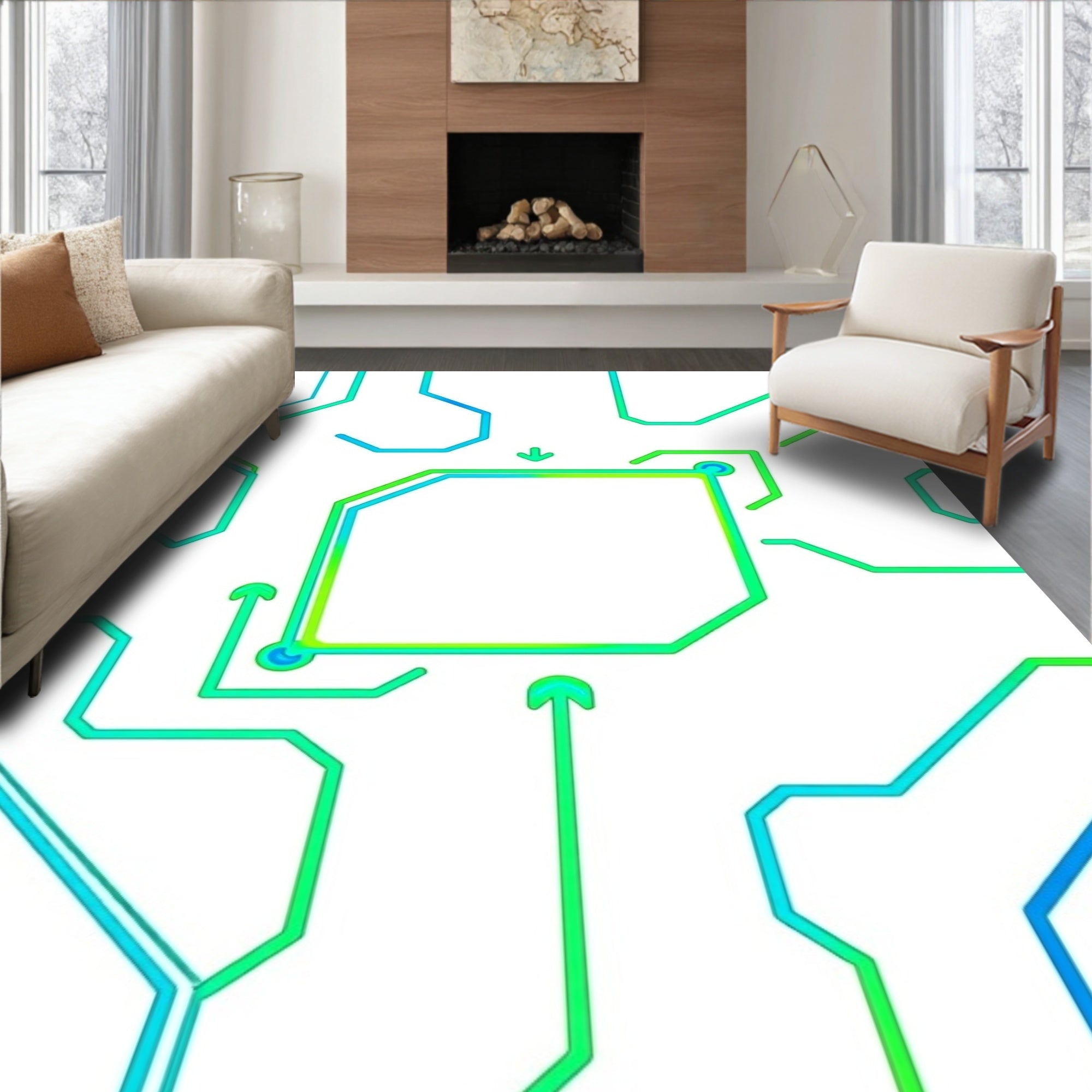 Modern Circuit Board Teal Green Rug